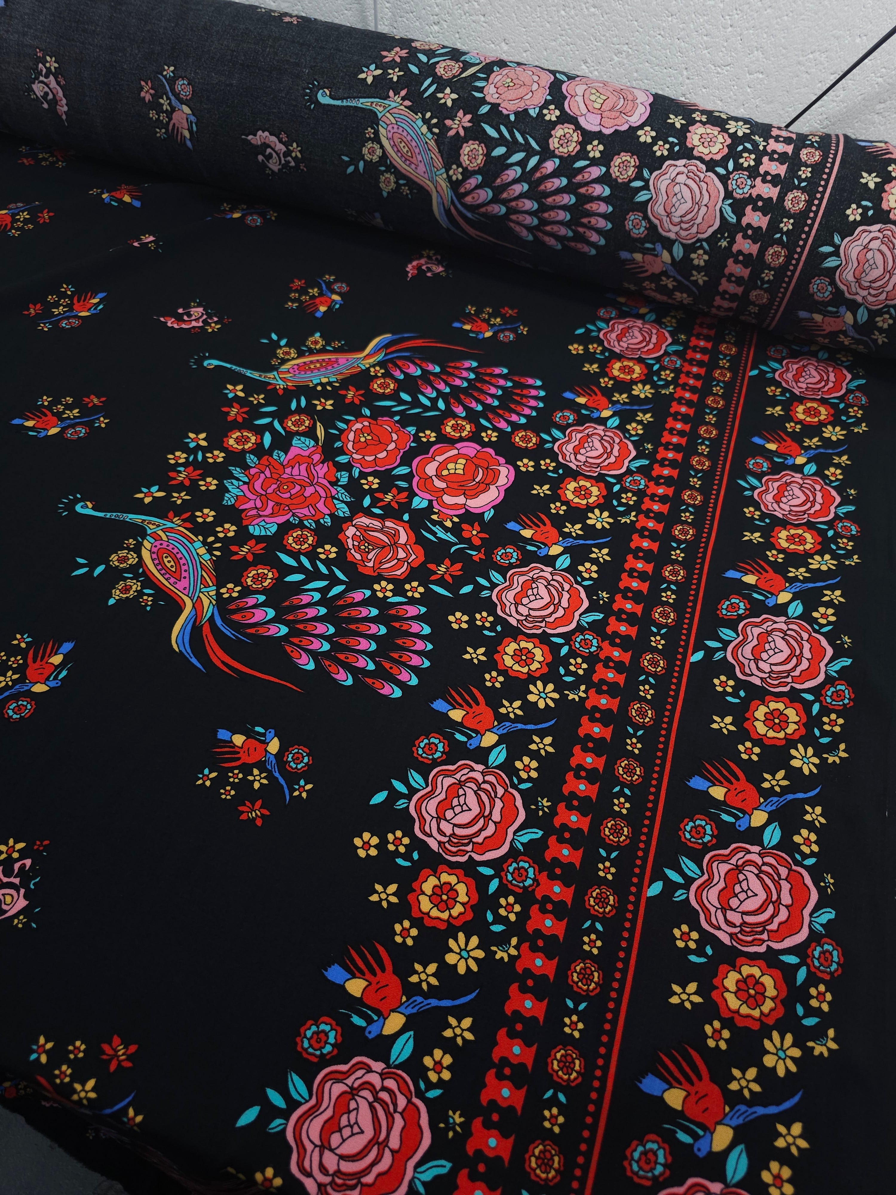 Peacock Border Floral Viscose Challis