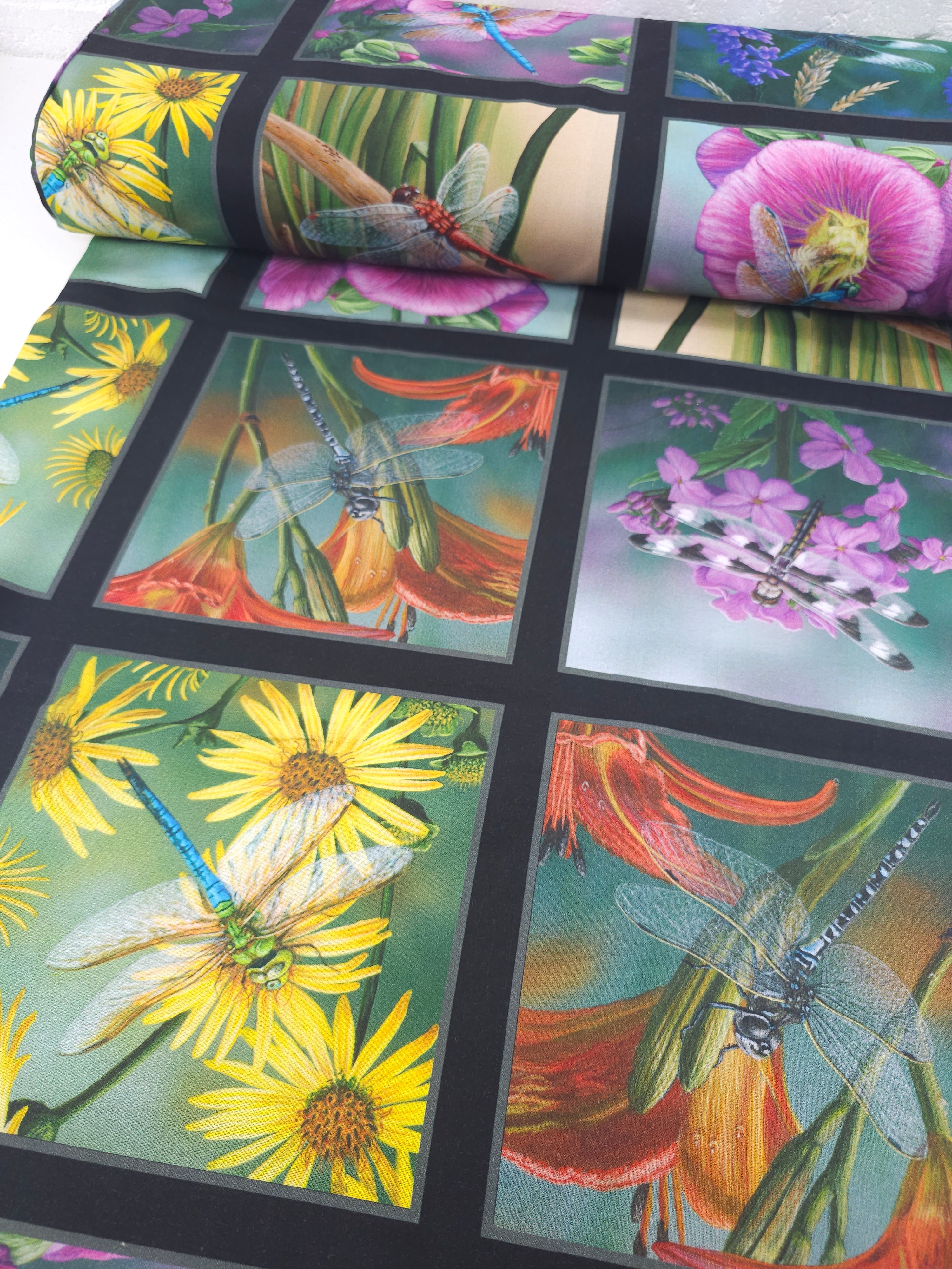 Floral Dragonfly Window Frames 100% Cotton