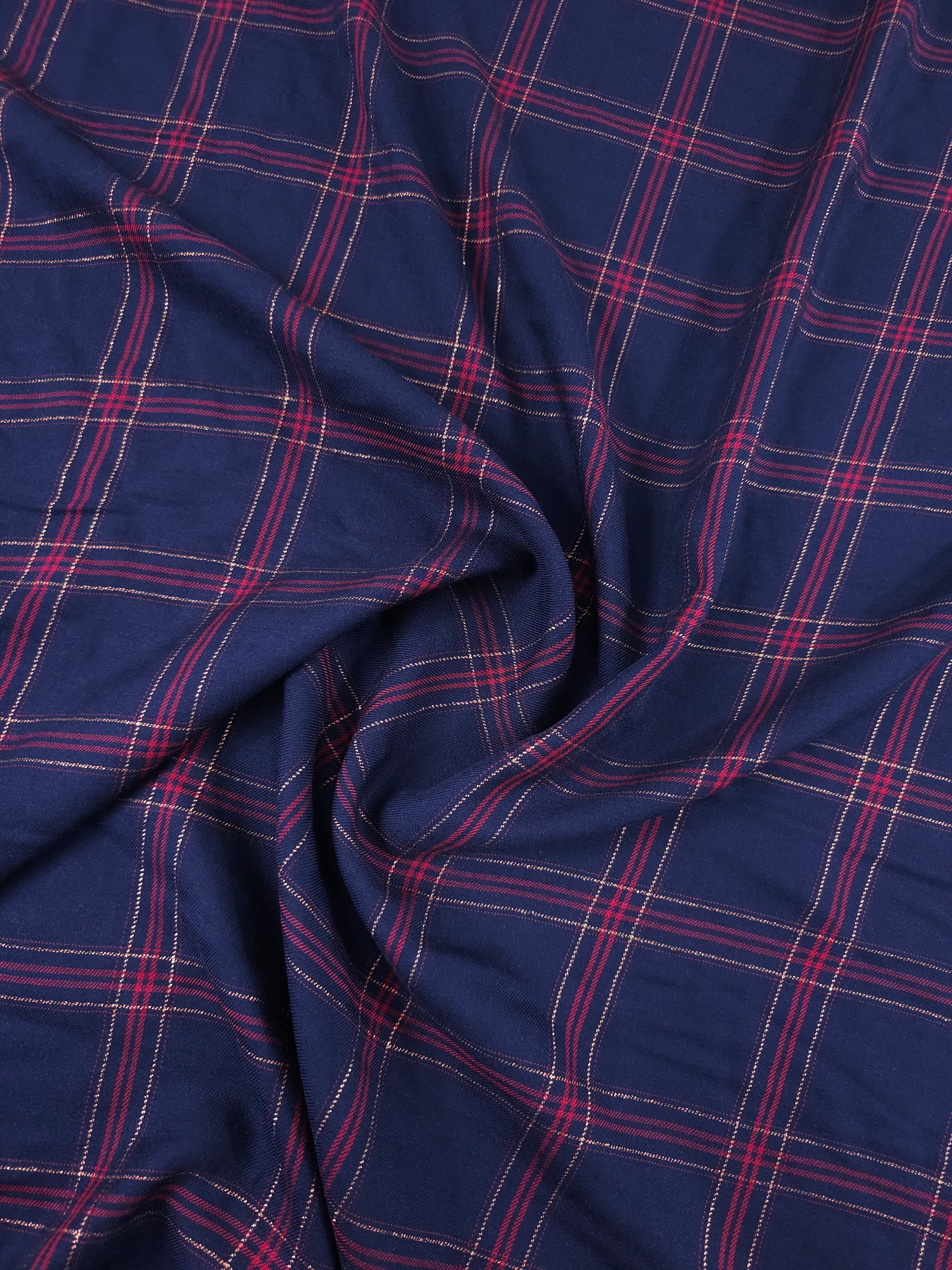 Indigo Navy Lurex Square Check Viscose Challis