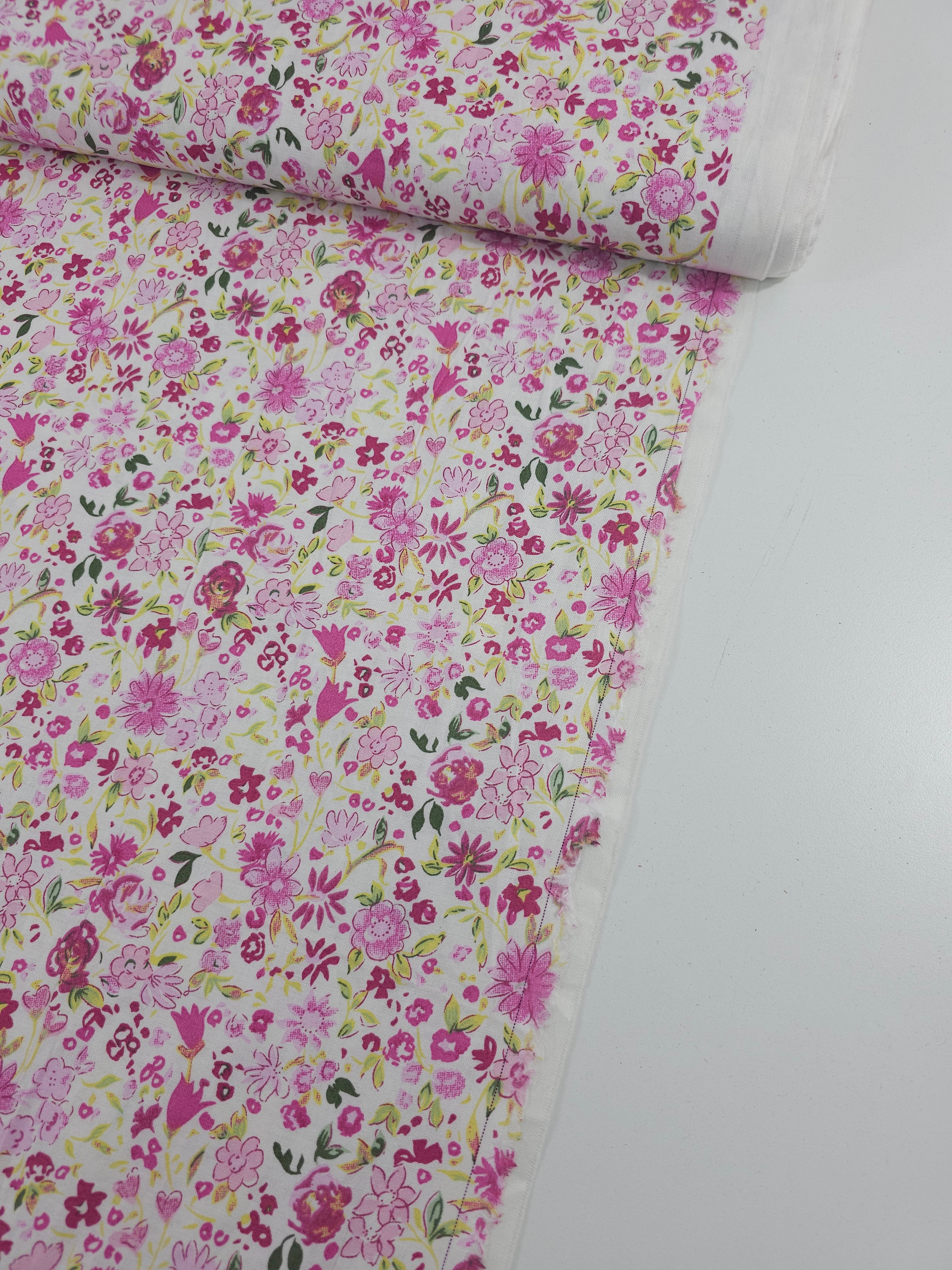 Pink Sketch Watercolour Floral 100% Cotton