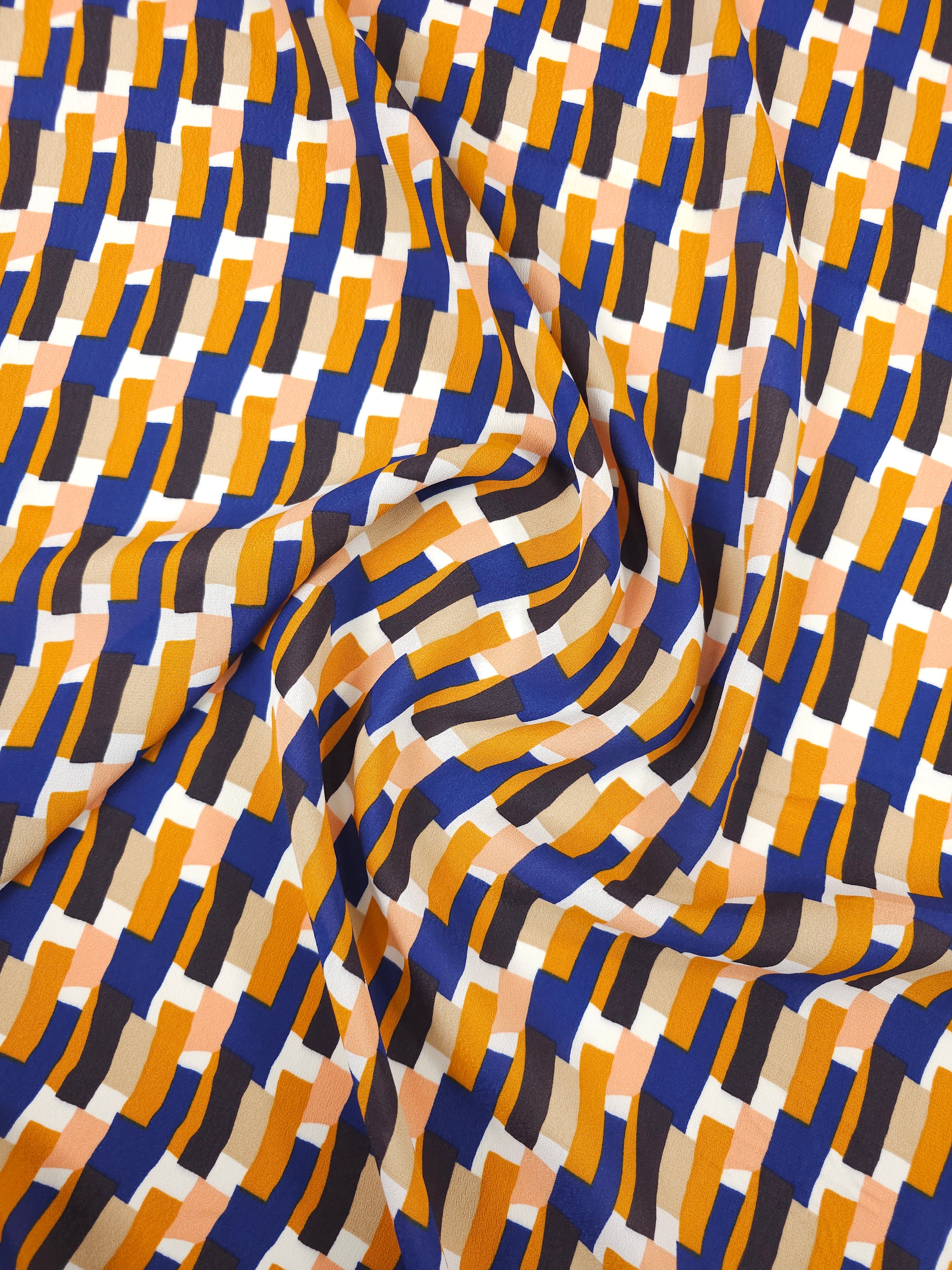 Orange/Blue Abstract Rectangle Viscose Crepe