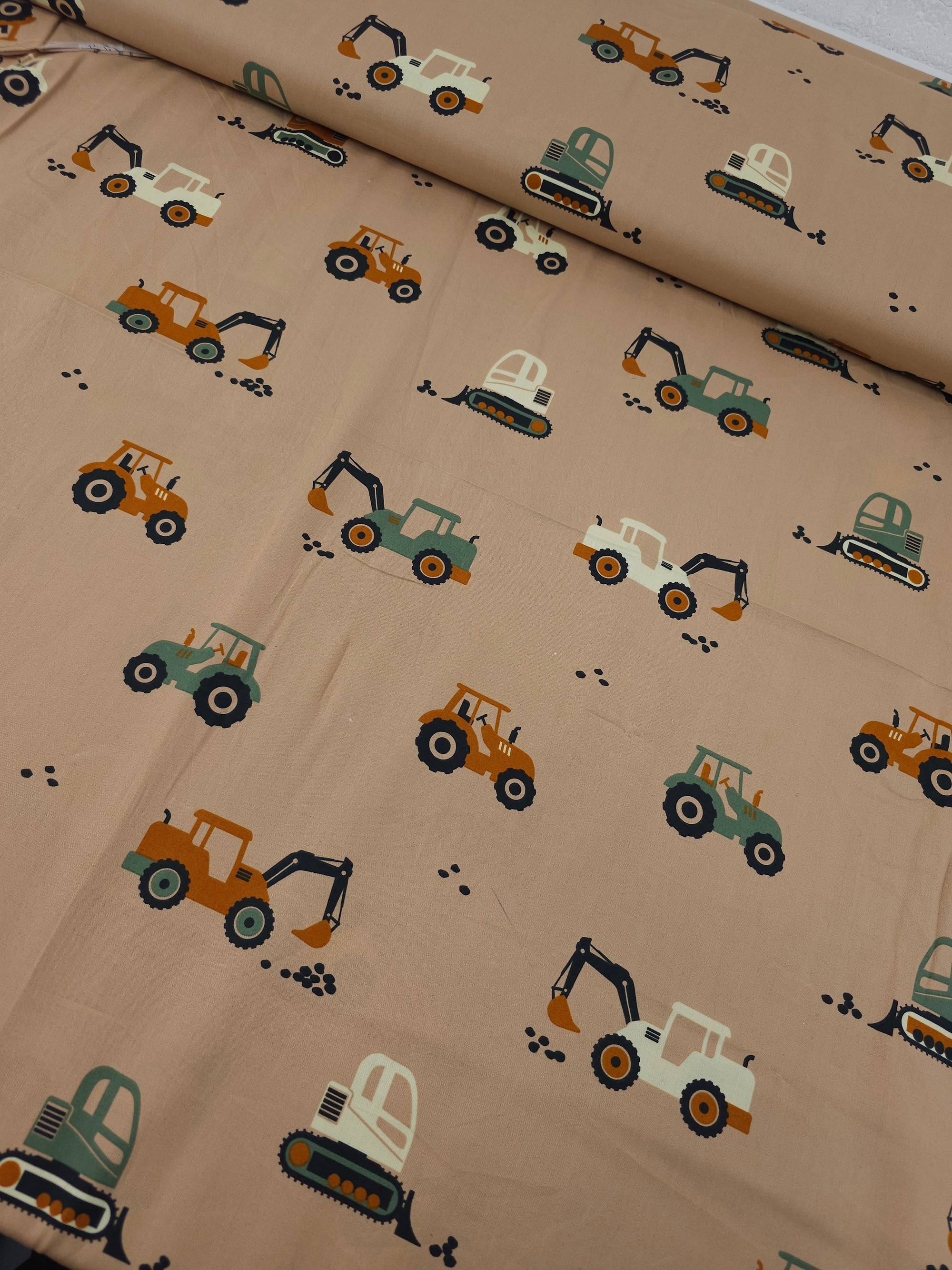 Khaki/Orange Tractors 100% Cotton 60"
