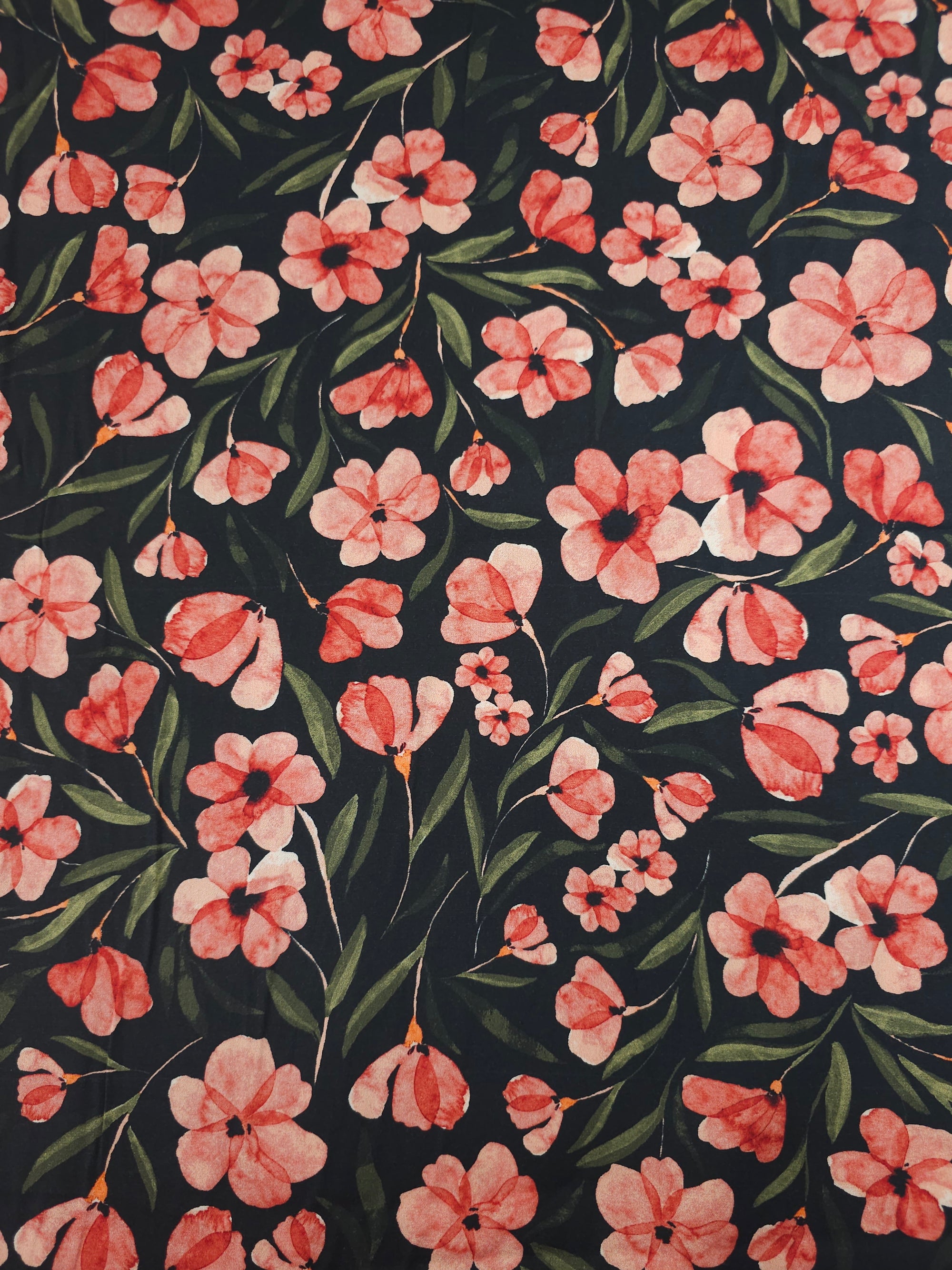 Pine Green/Coral Tossed Flower Stems Cotton Satin 57"