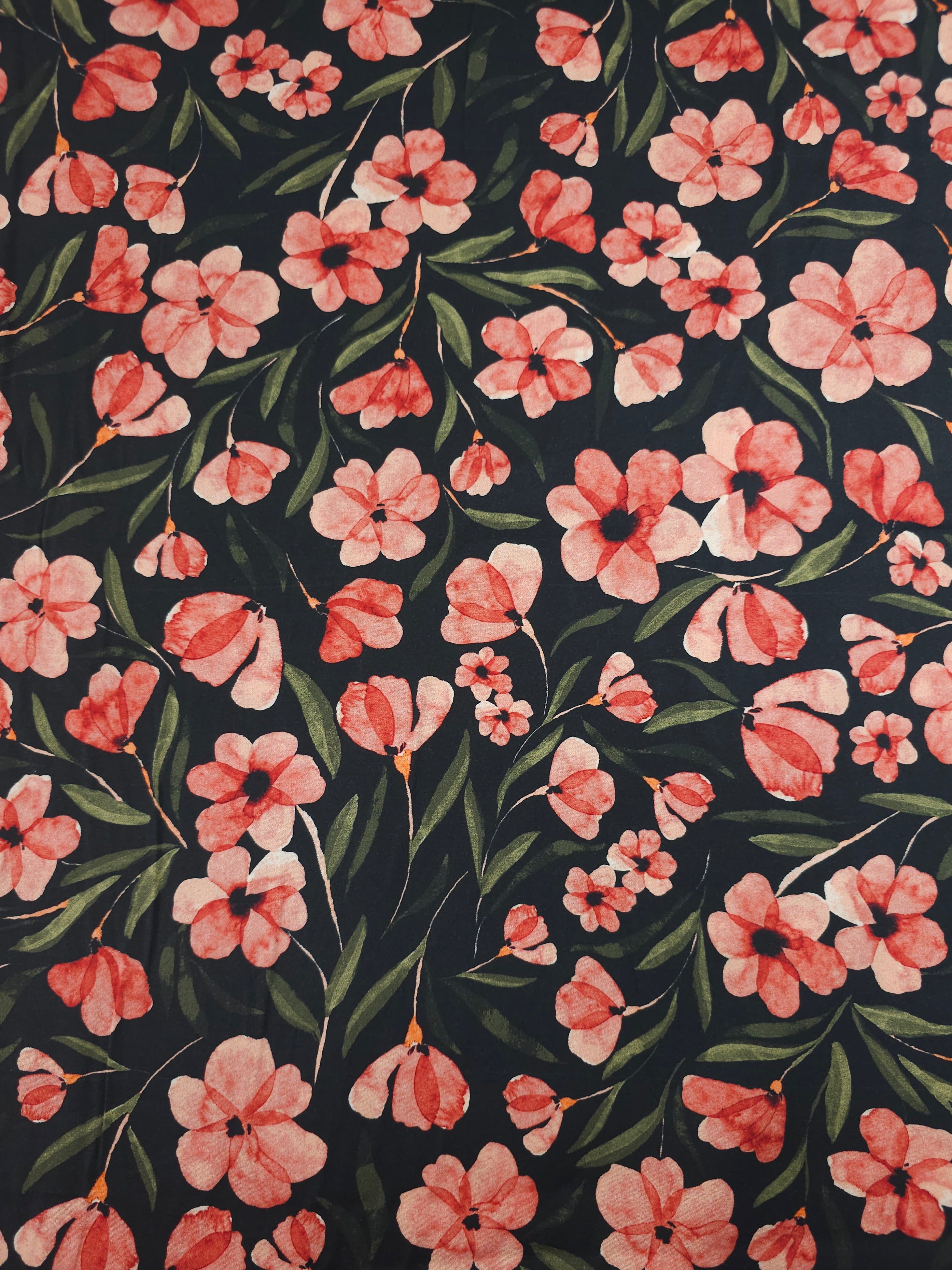 Pine Green/Coral Tossed Flower Stems Cotton Satin 57"
