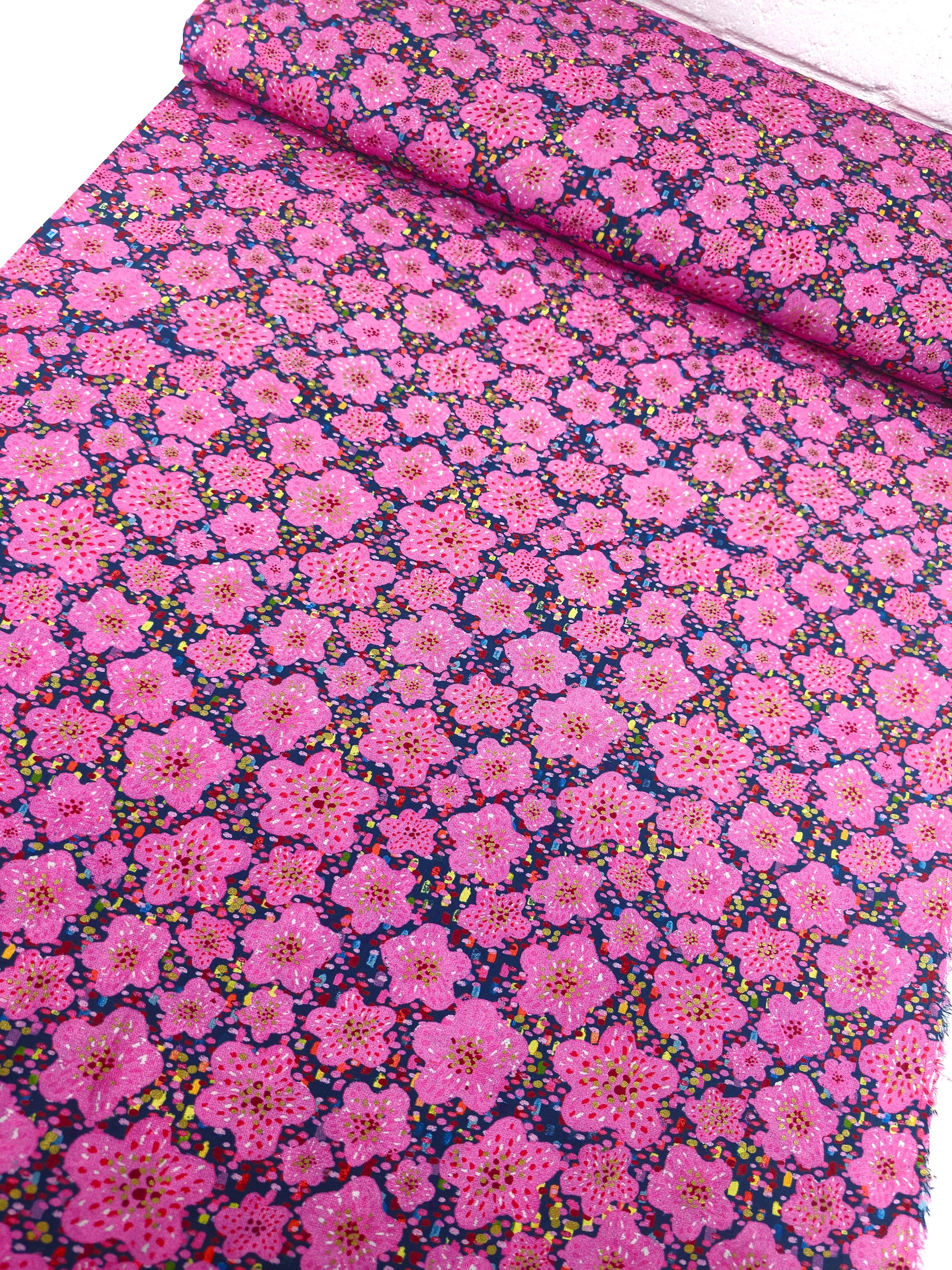 Pink/Gold Abstract Speckle Floral 100% Cotton