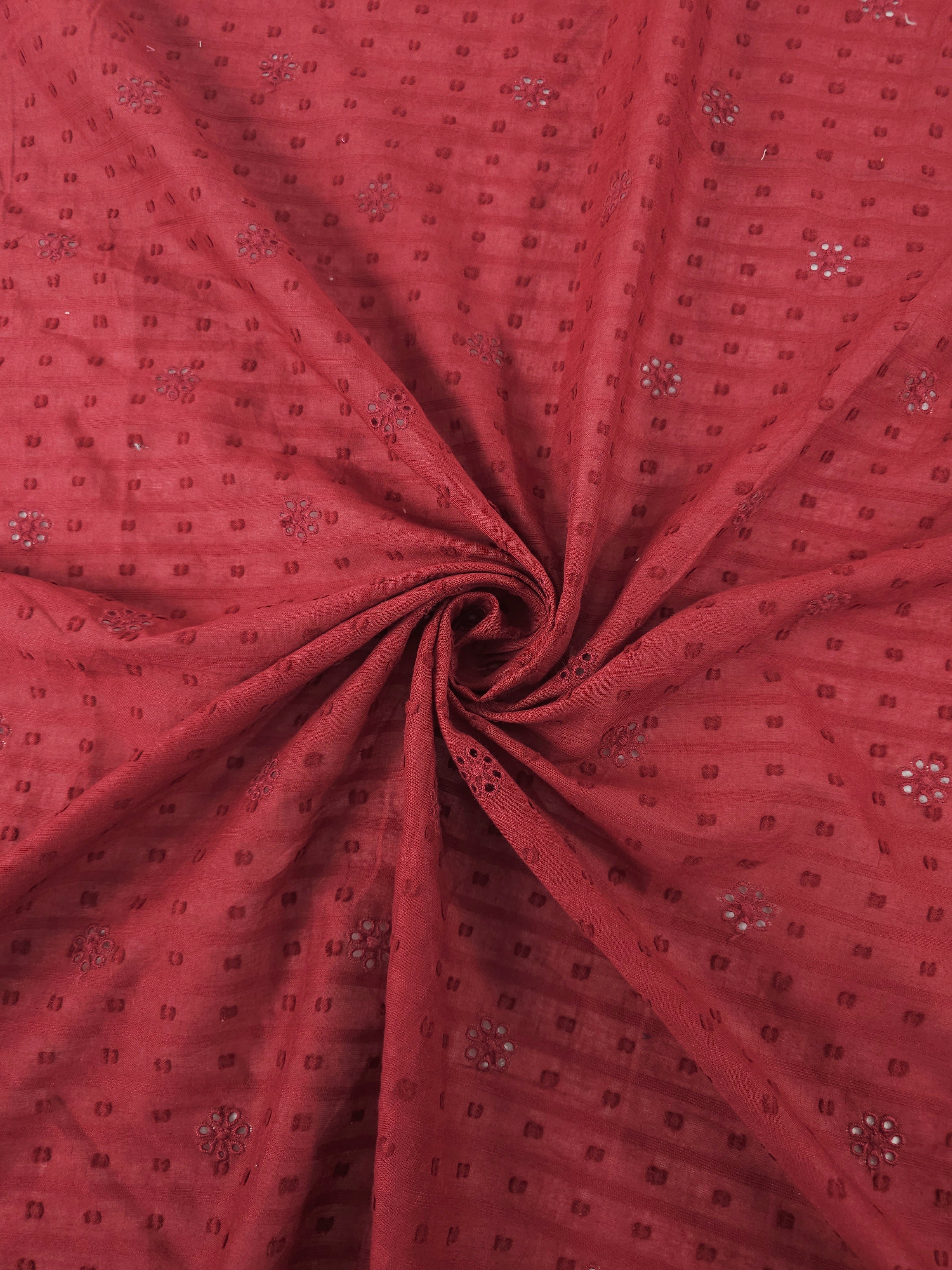 Maroony Red Dobby Flower Cambric Cotton Broderie Anglaise