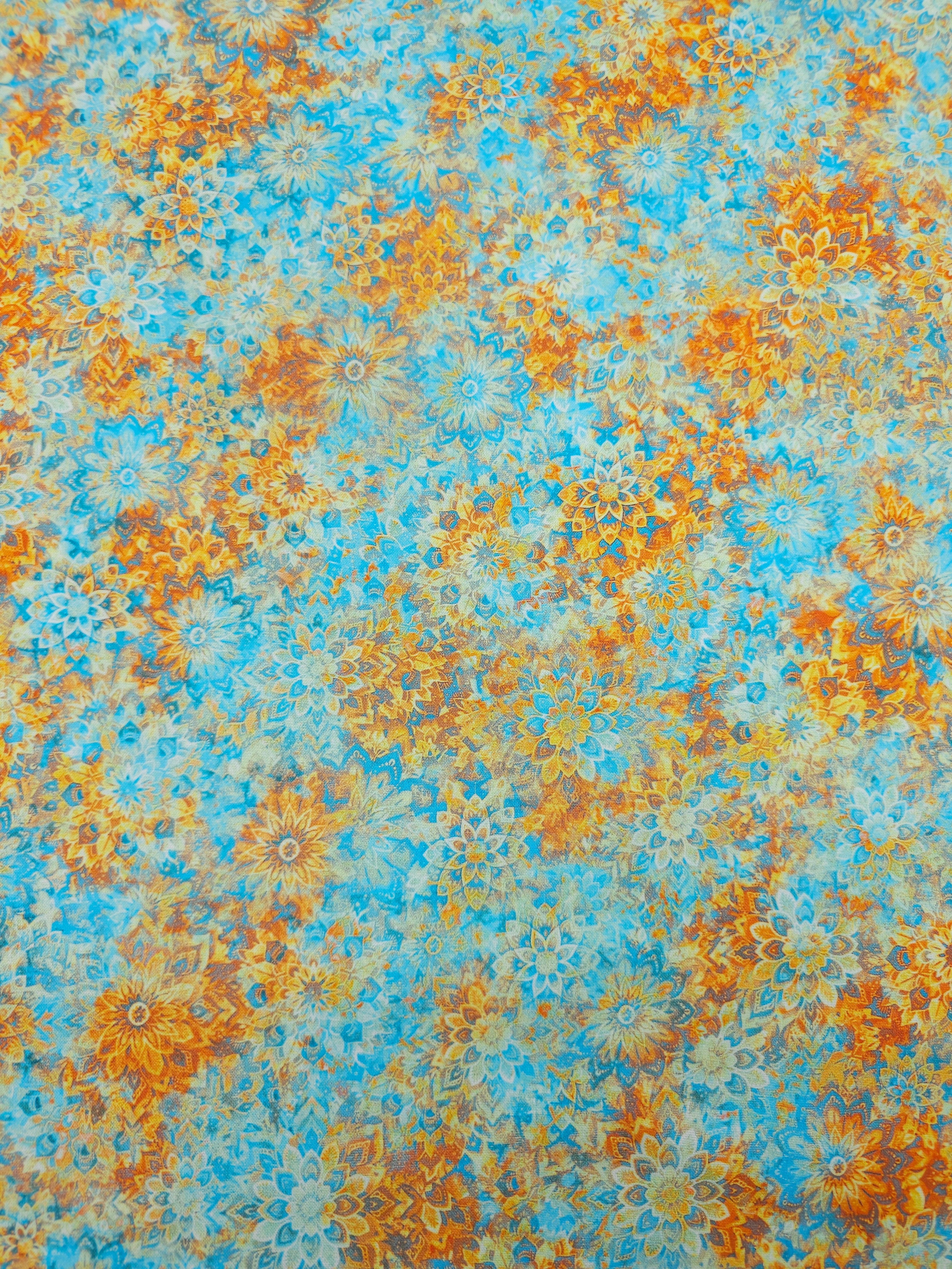 Light Blue/Orange Dancing Dahlias Kaleidoscope 100% Cotton 106" *EXTRA WIDE*