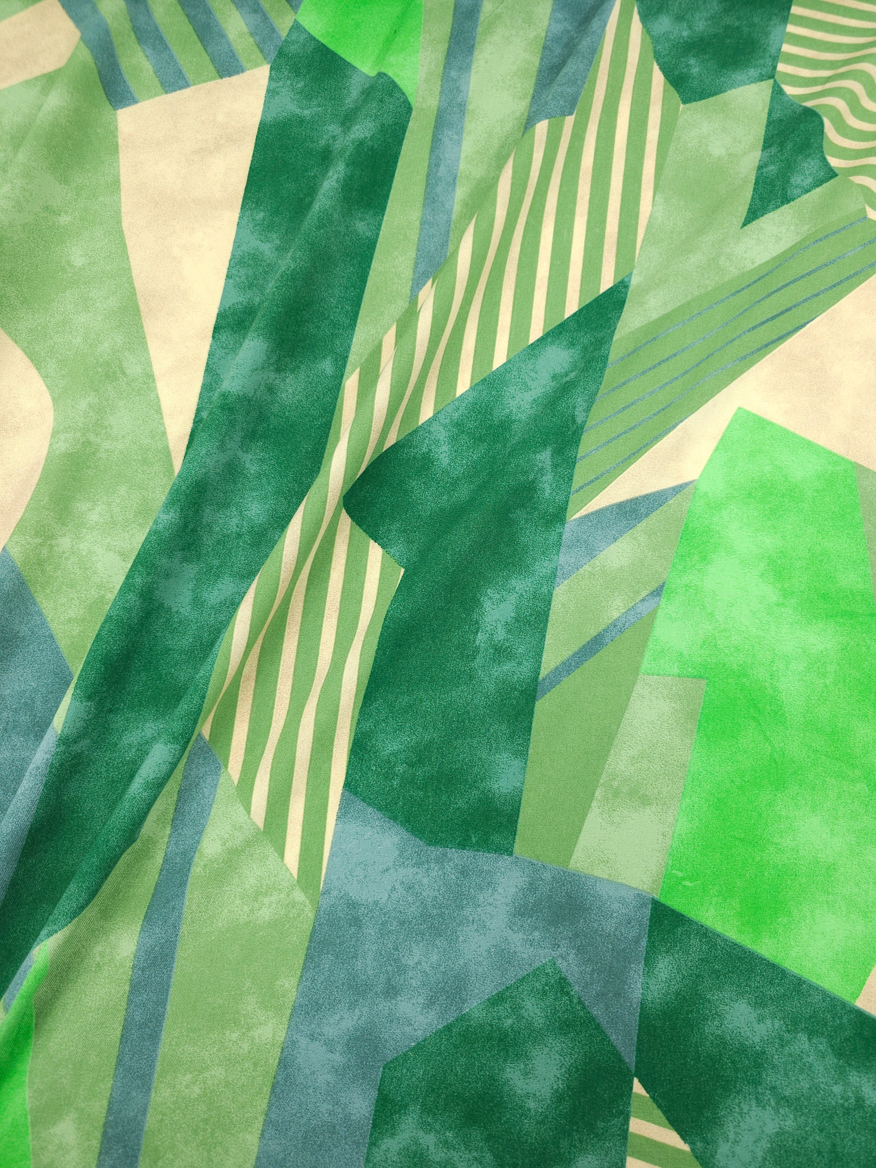 Green/Beige Geometric Shapes Viscose Challis