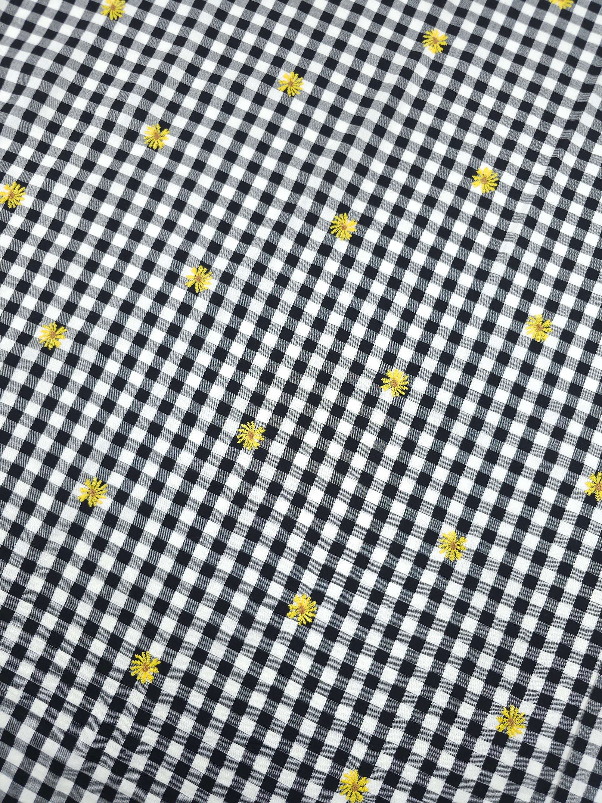 Black/Yellow Embroidered Daisy Gingham Lightweight Cotton