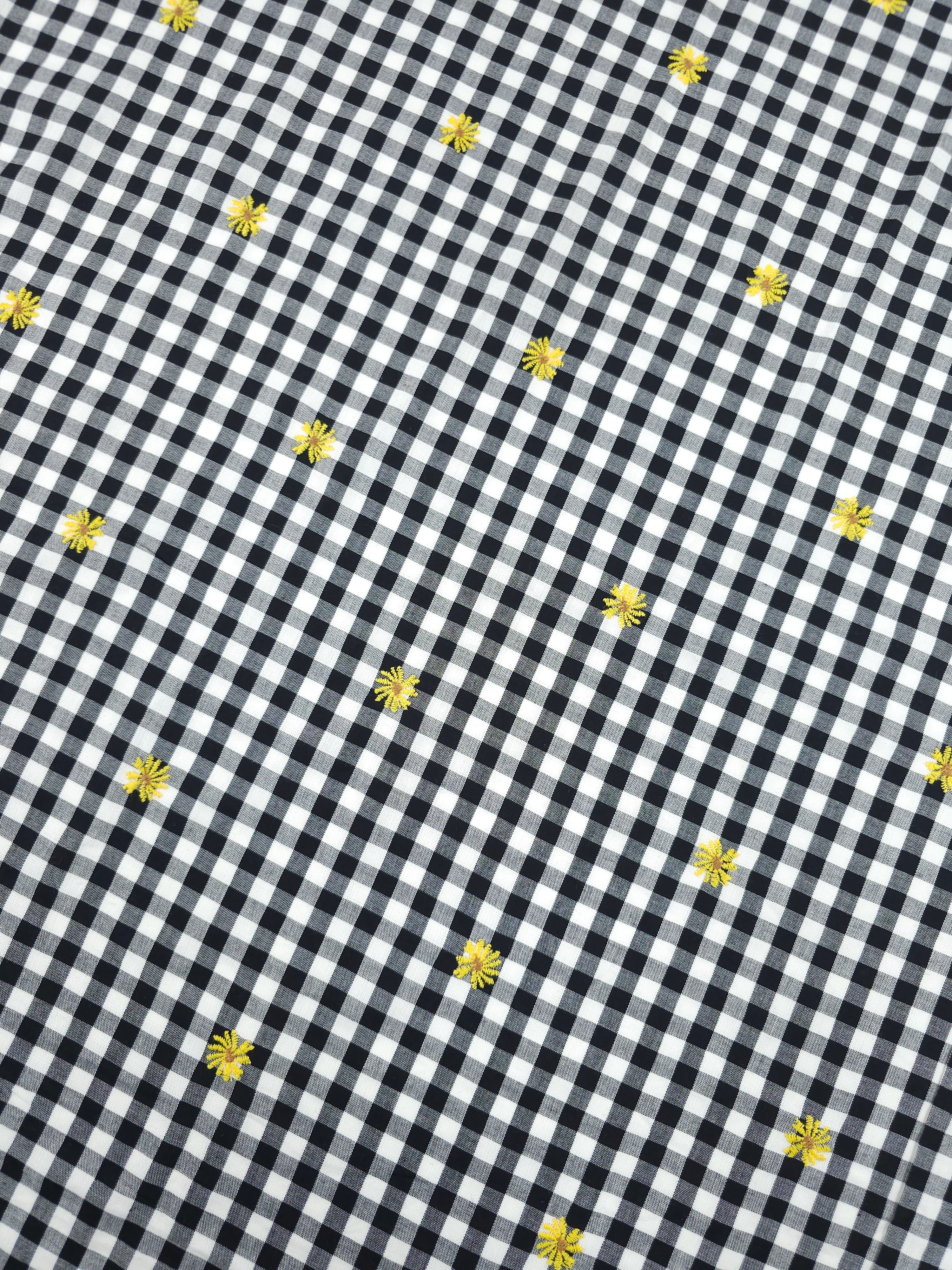 Black/Yellow Embroidered Daisy Gingham Lightweight Cotton