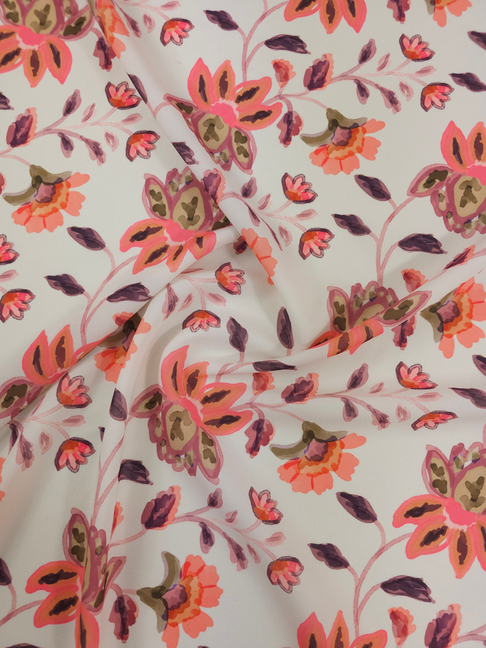 Ivory Cream/Coral Symmetry Floral Viscose Crepe