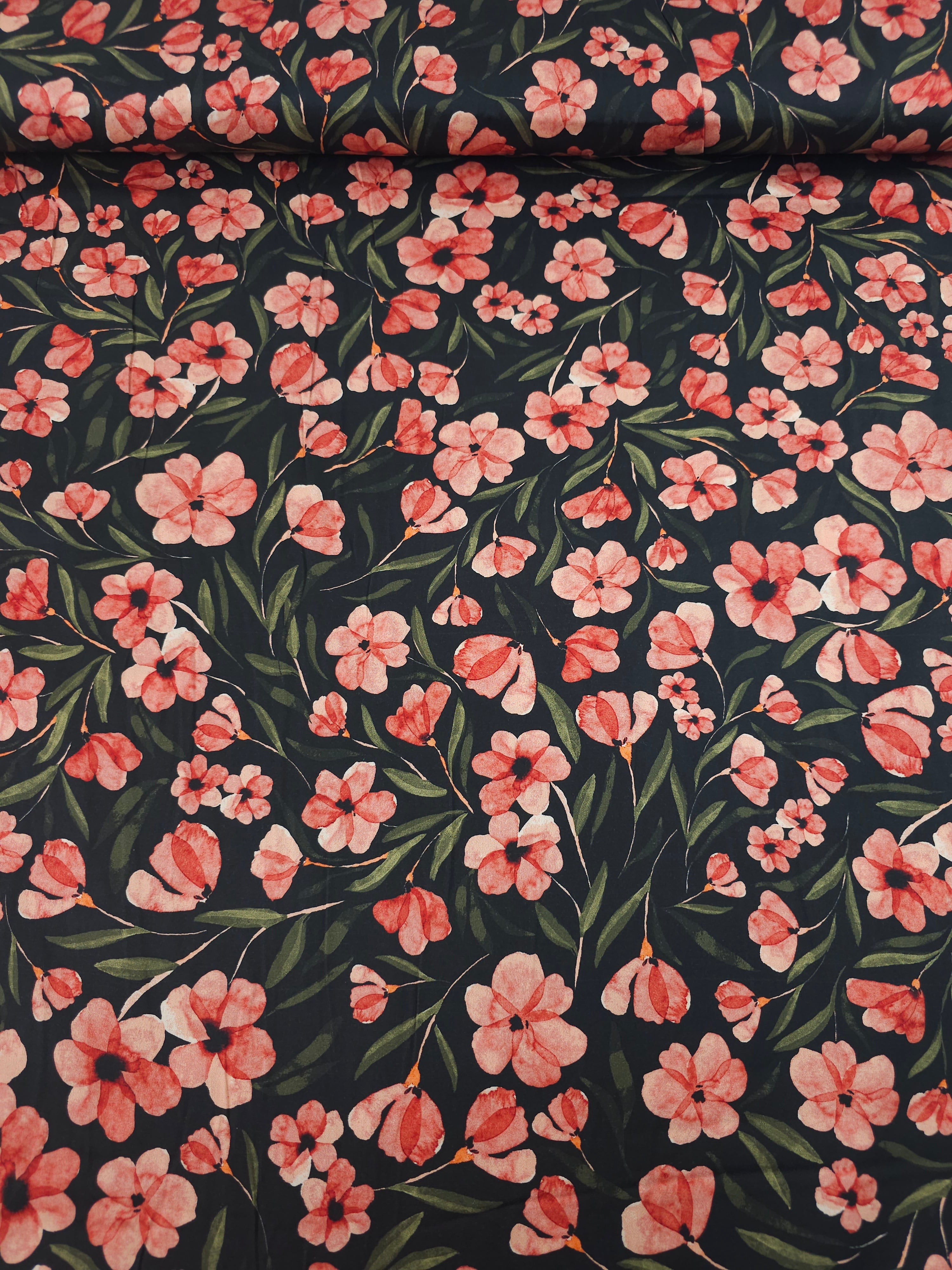 Pine Green/Coral Tossed Flower Stems Cotton Satin 57"
