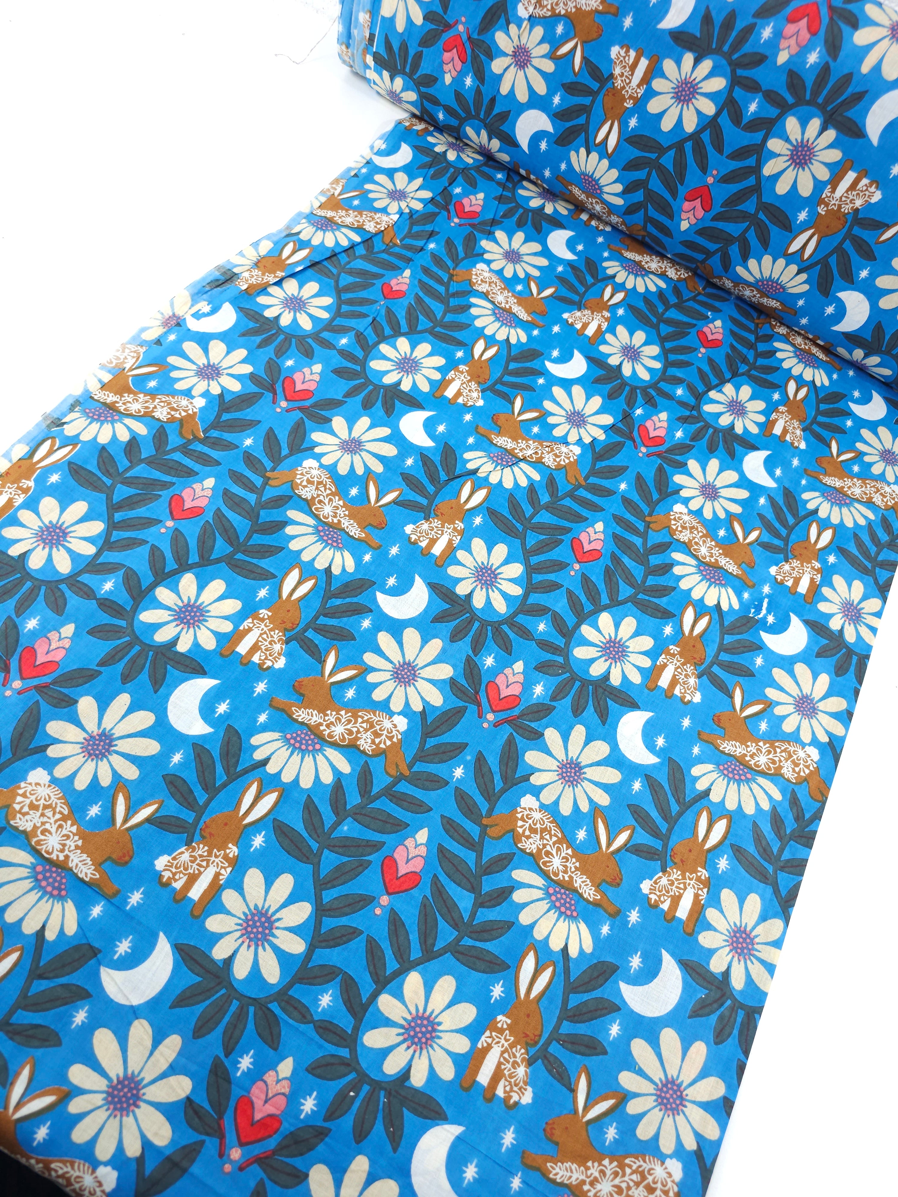 Blue Night Wonder Bunnies Cambric Cotton