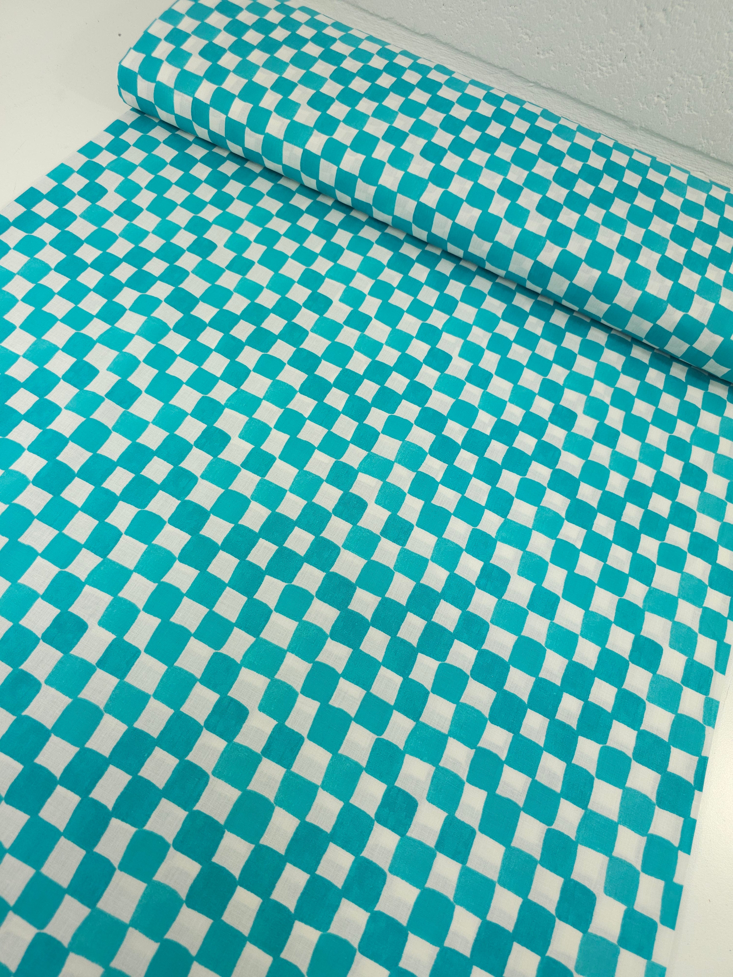 Aqua Teal Watercolour Check 100% Cotton 98" *EXTRA WIDE*