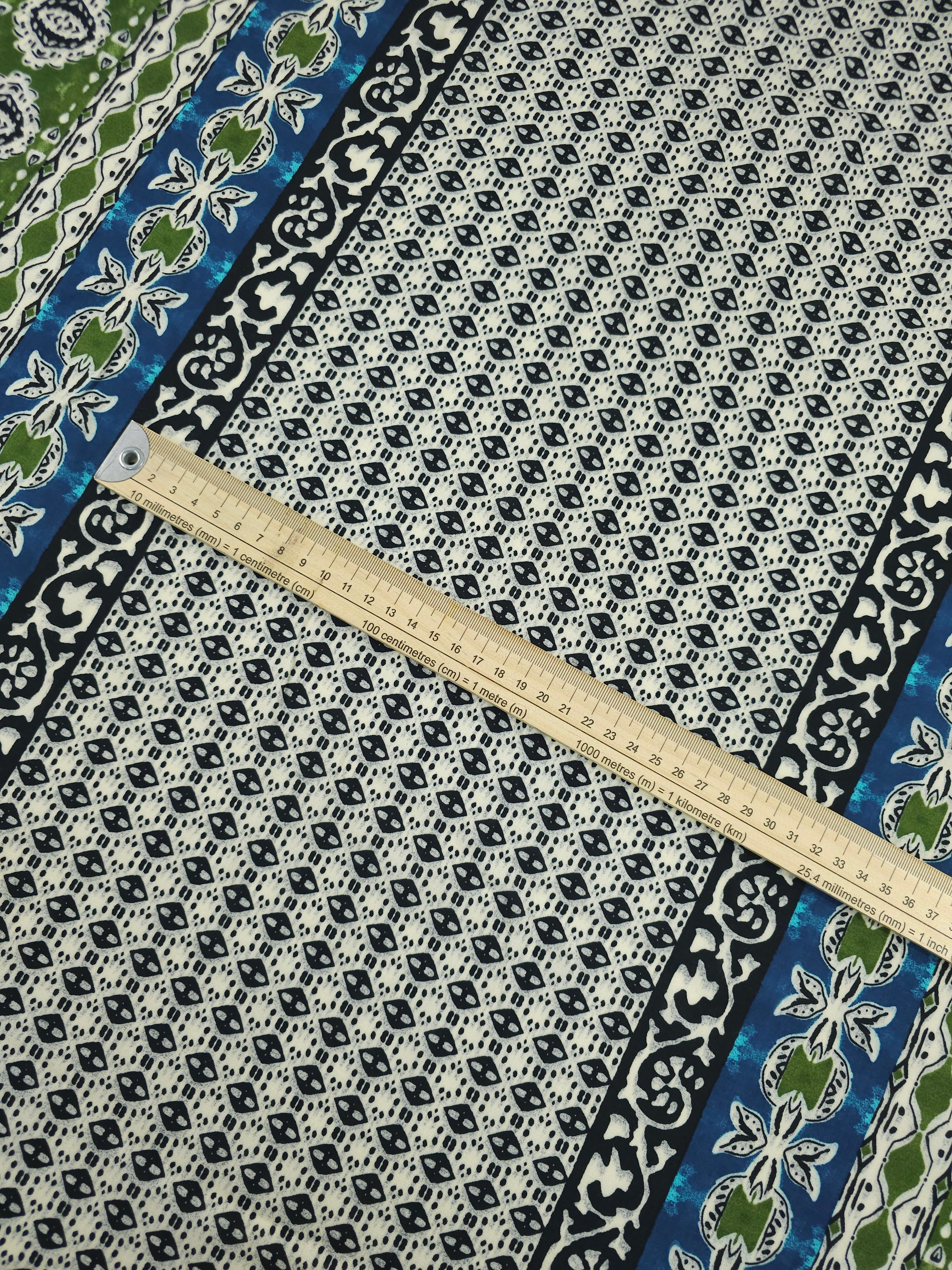 Green/Blue Boho Panel Stripe Viscose Challis