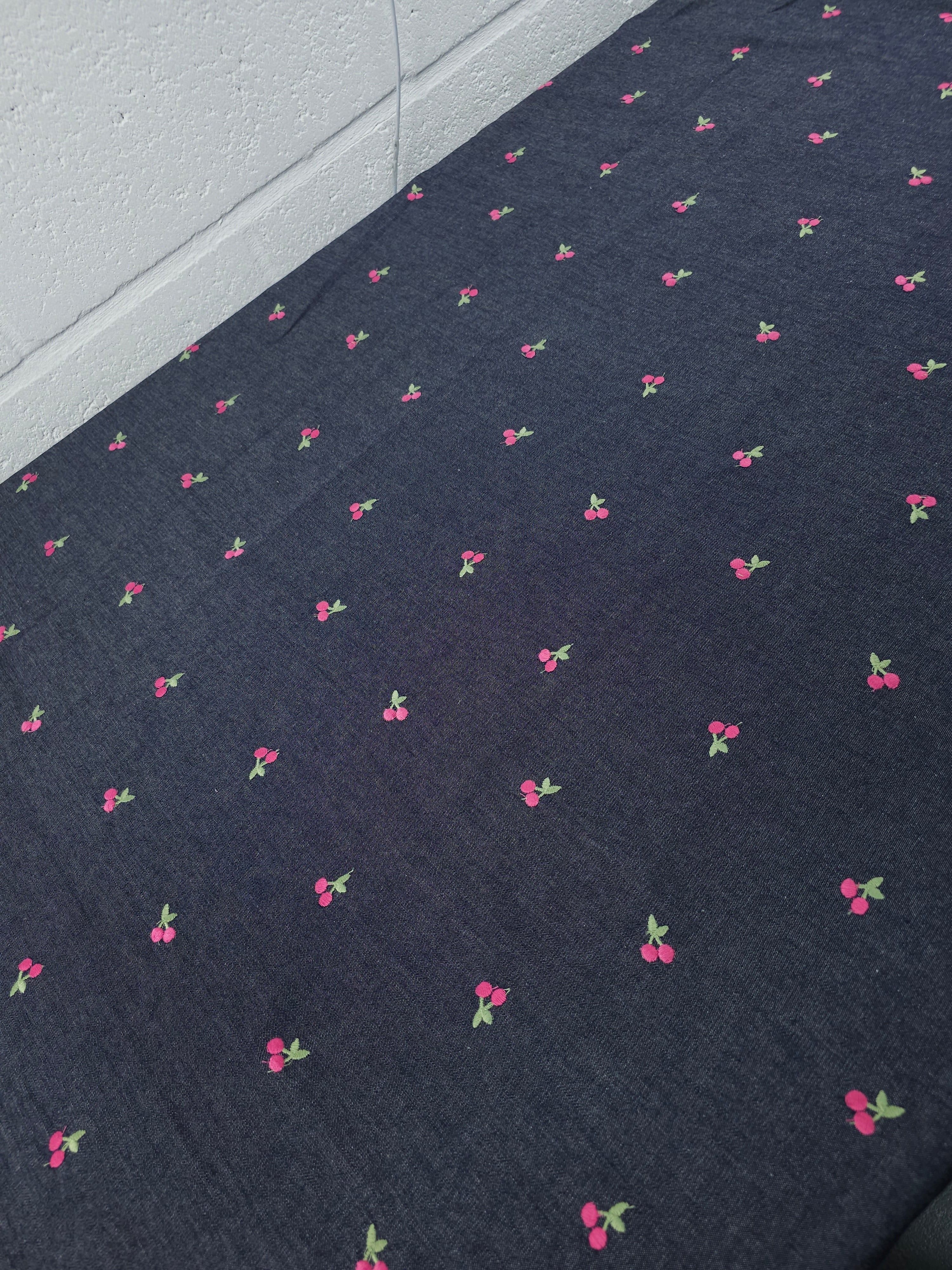 Pink Cherry Embroidered Chambray