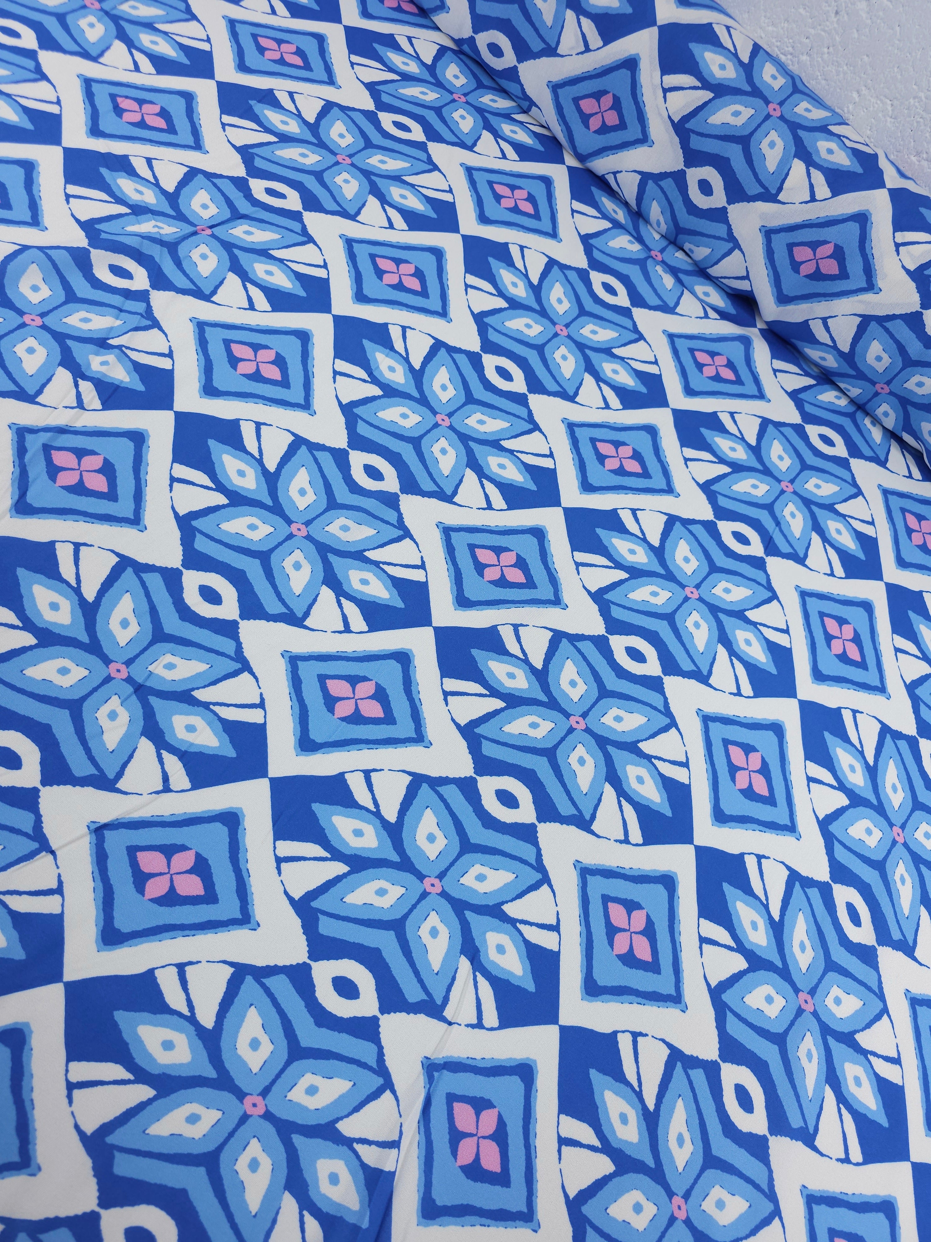 Blue/Pink Geometric Diamond Viscose Challis