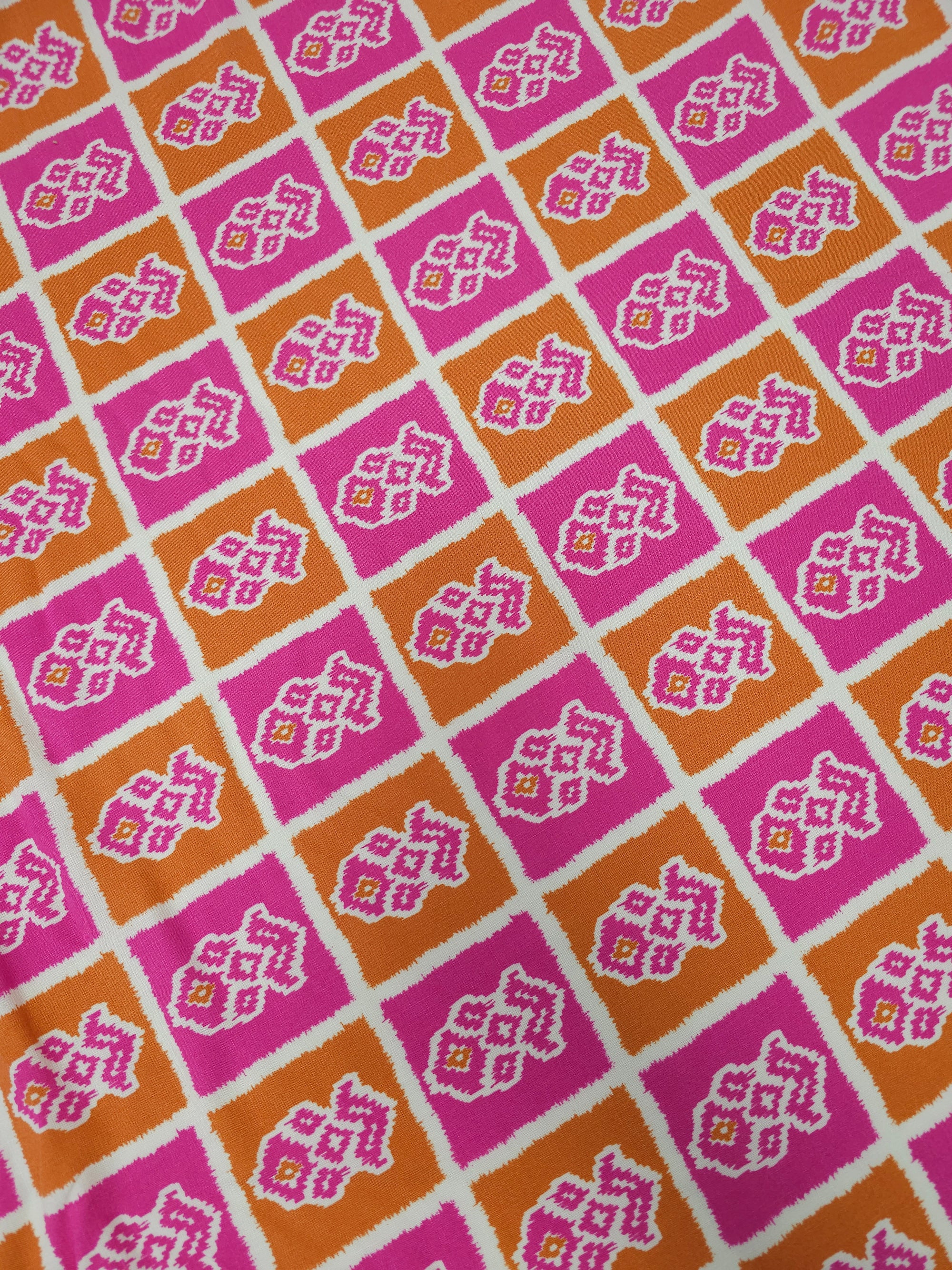 Pink/Orange Abstract Ikat Viscose Challis