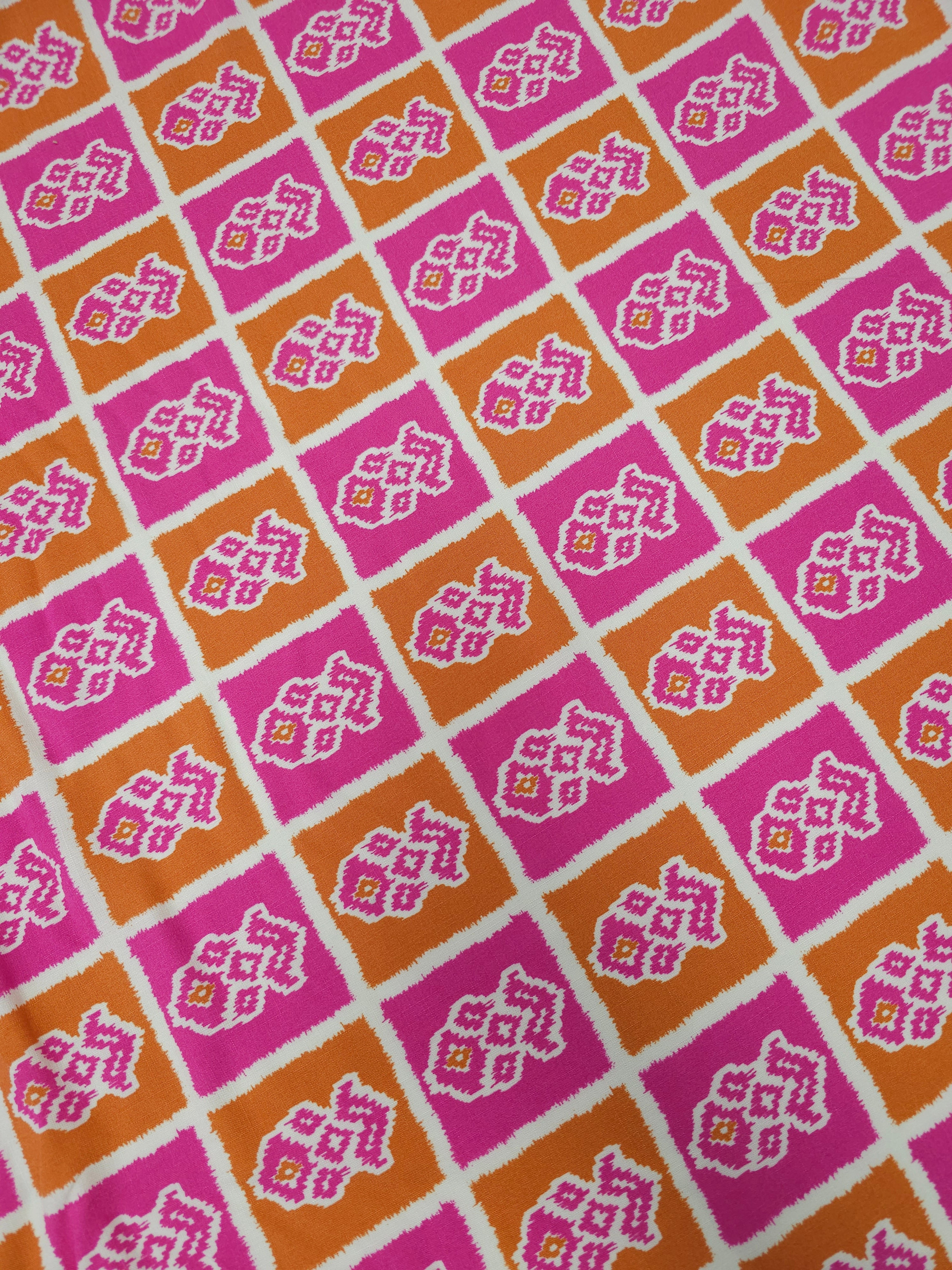 Pink/Orange Abstract Ikat Viscose Challis