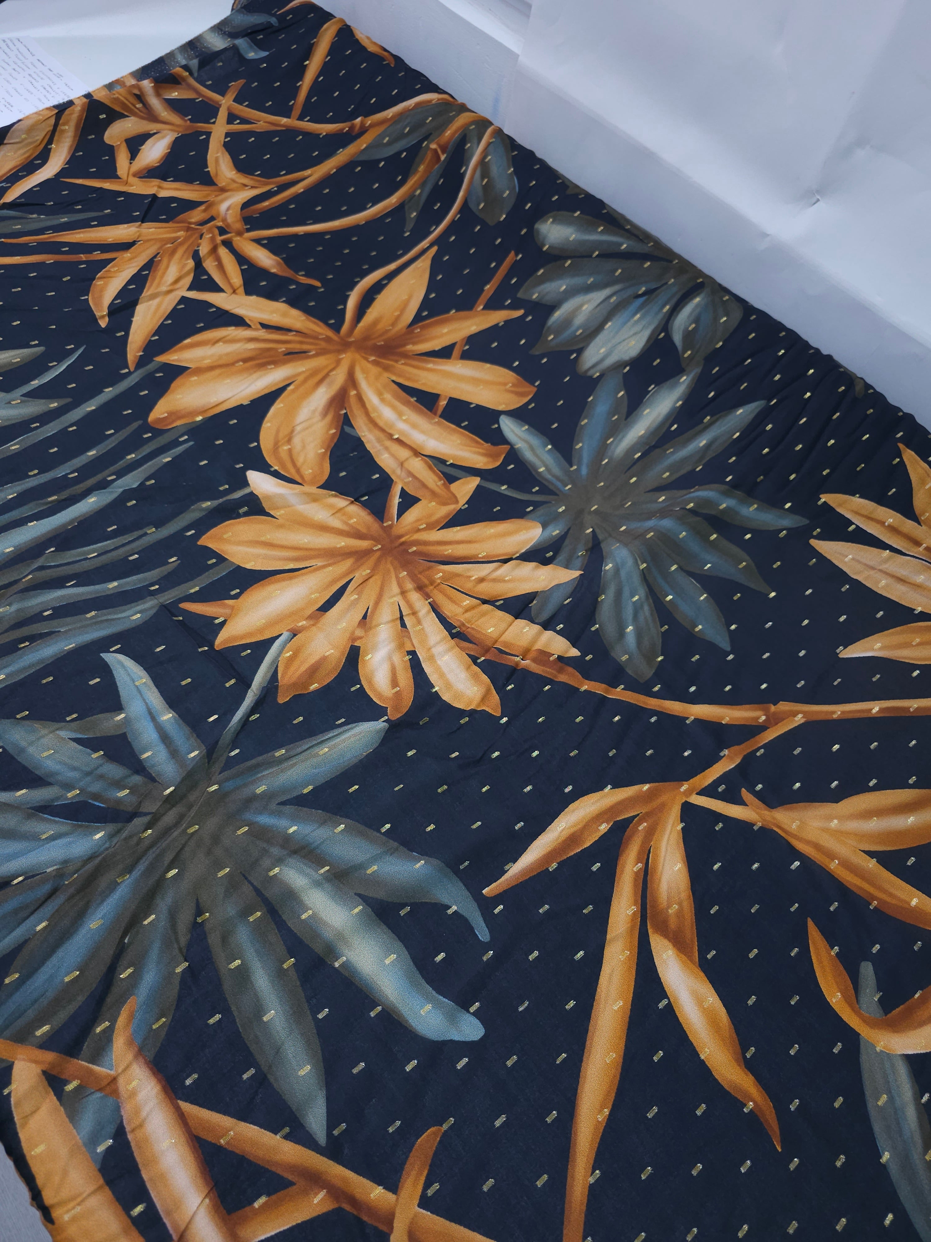 Navy Large Floral Twine Lurex Viscose