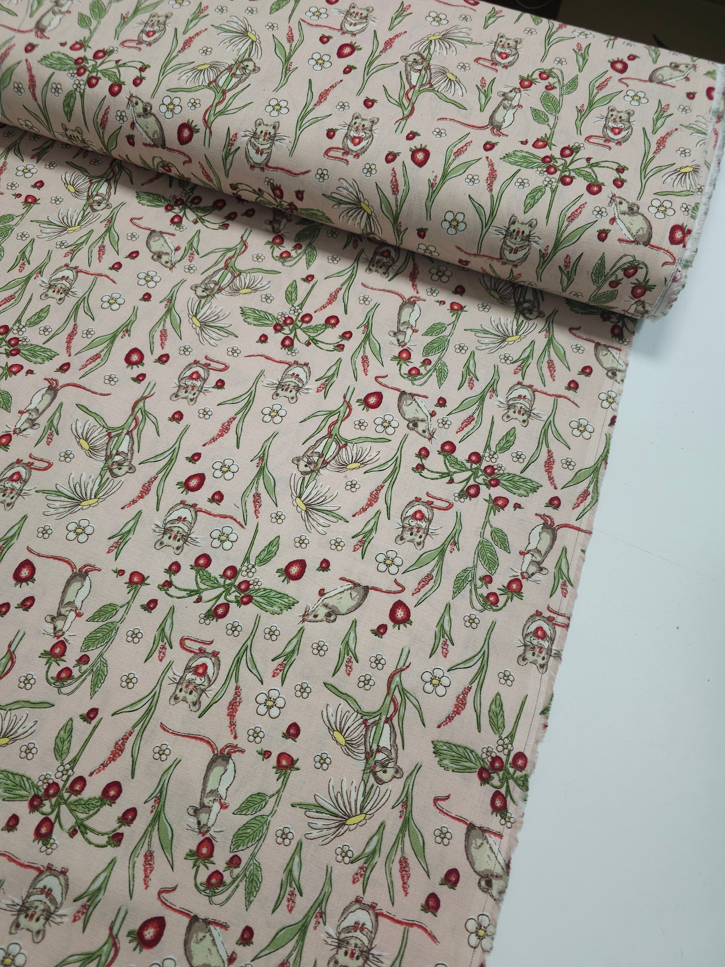 Peachy Pink Strawberry Mice 100% Cotton