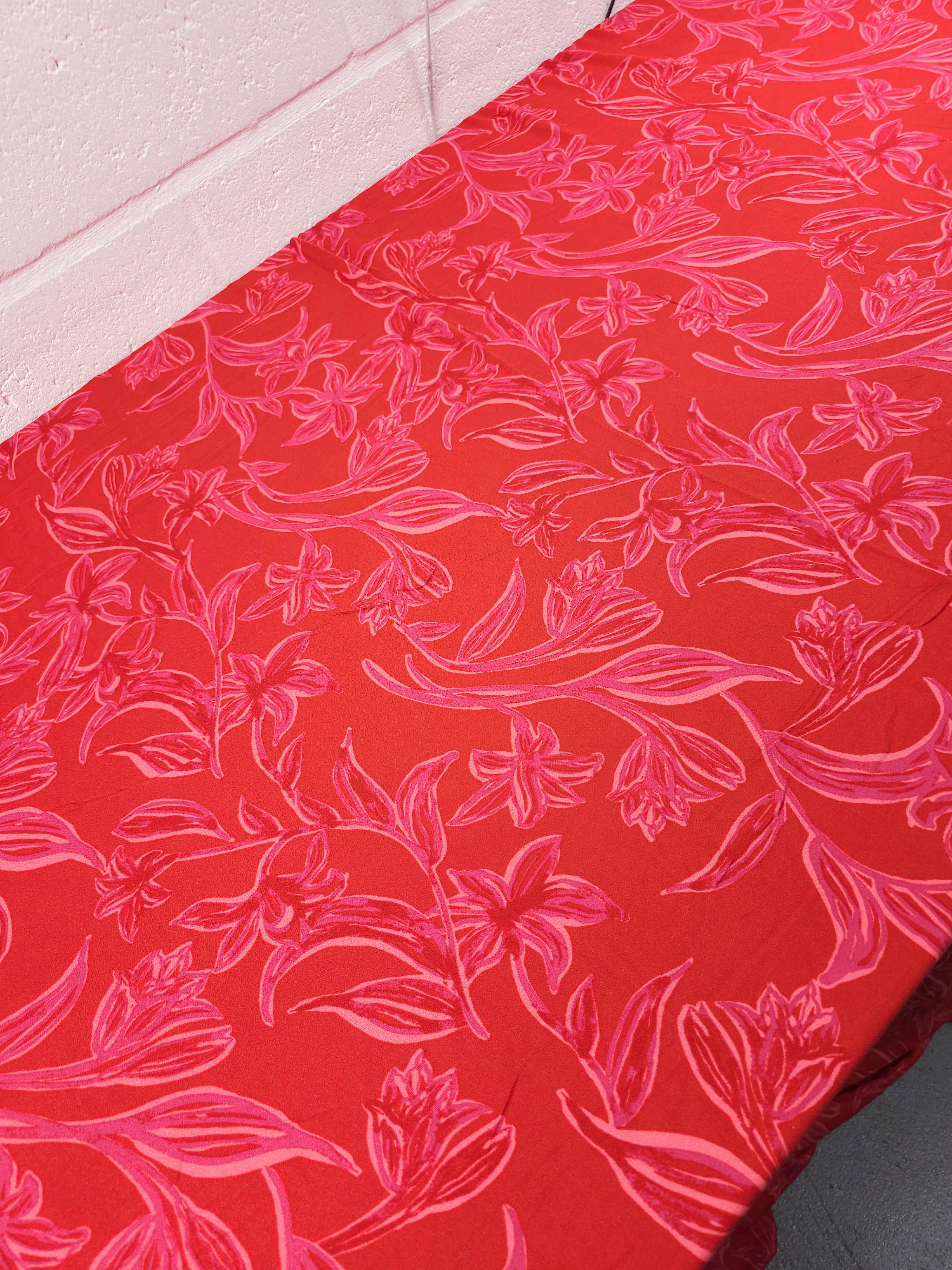 Red/Pinky Mauve Floral Leaf Viscose Challis