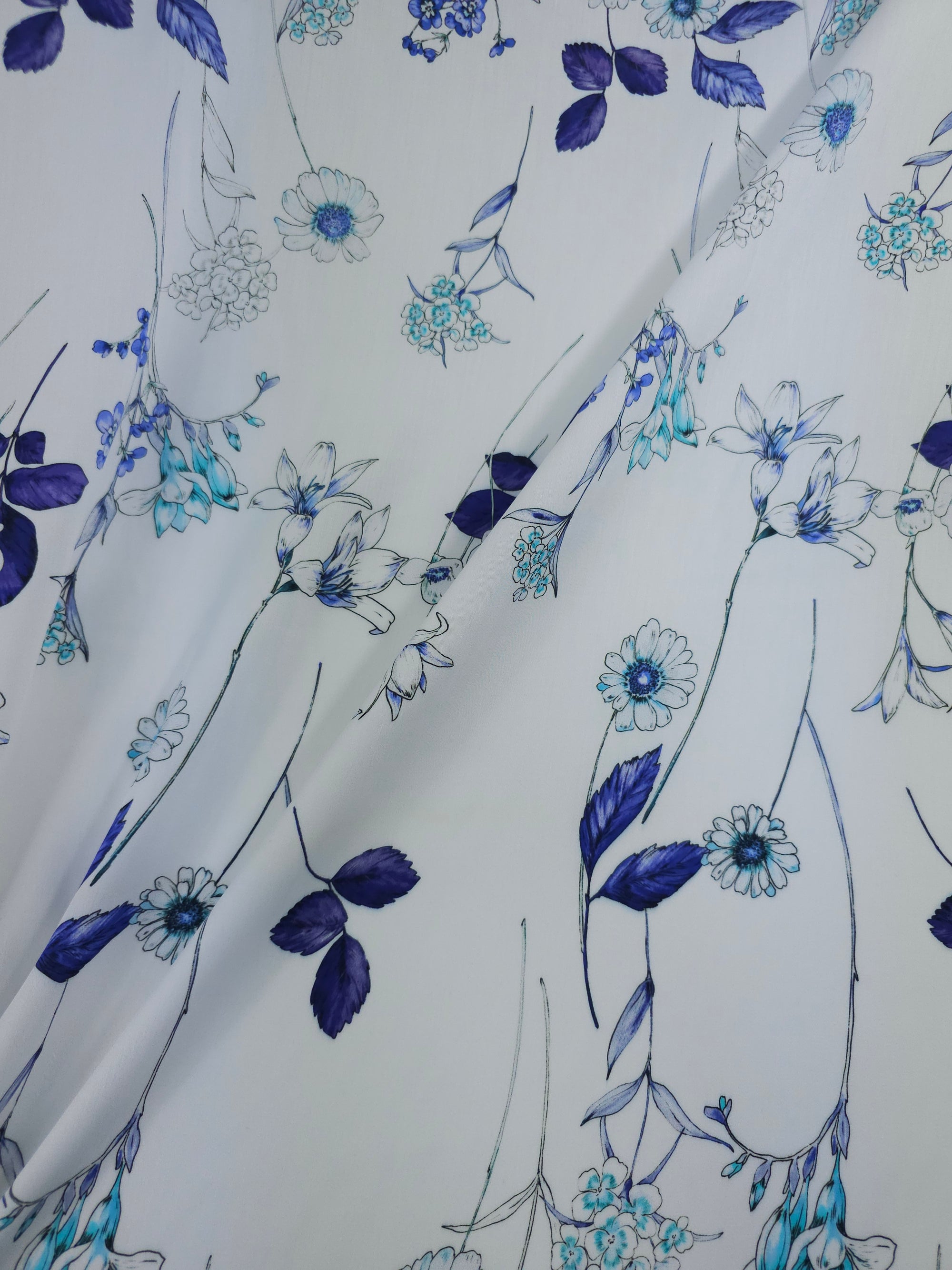 Blue/White Dainty Flower Stem Lightweight Viscose Satin