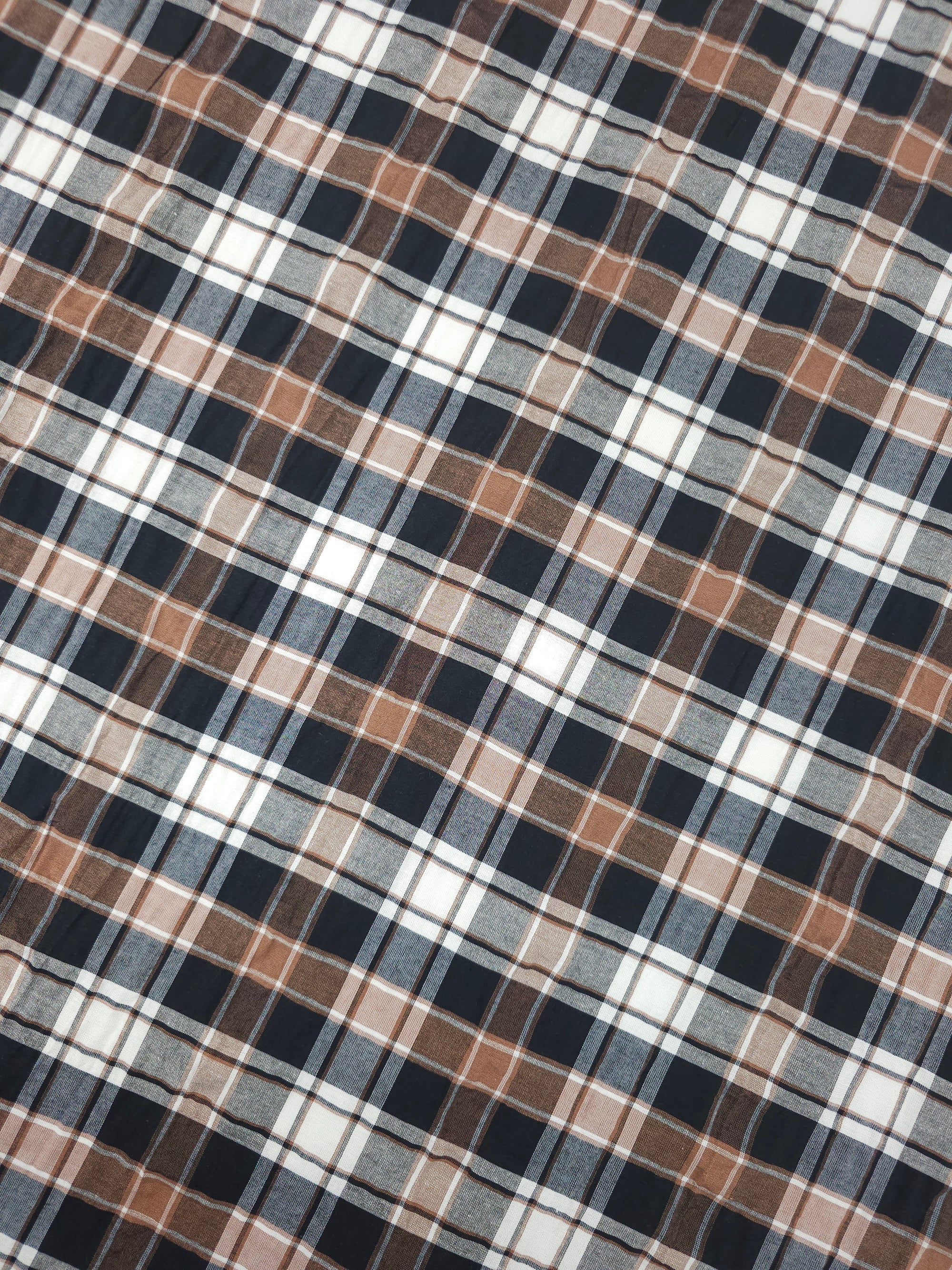 Black/Brown Tartan Crinkle Cotton