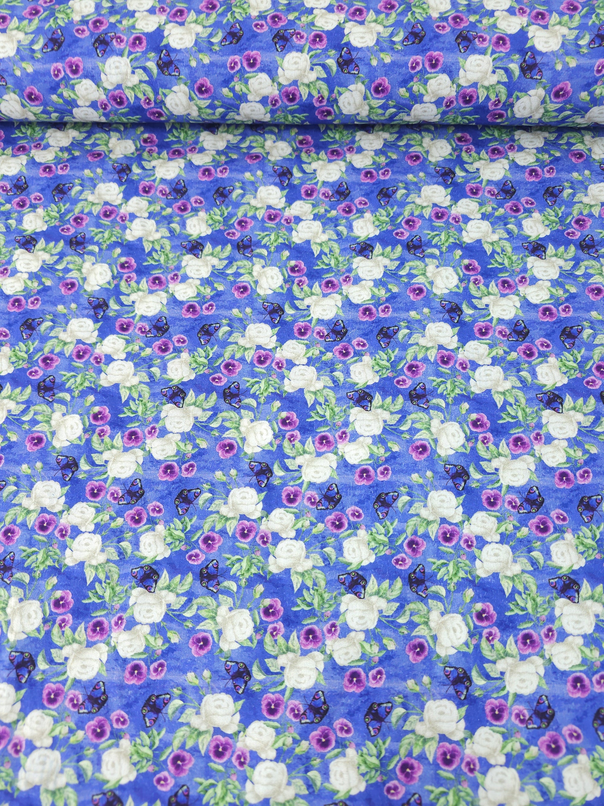 Violet Butterfly Rose Floral 100% Cotton - Sarah Payne