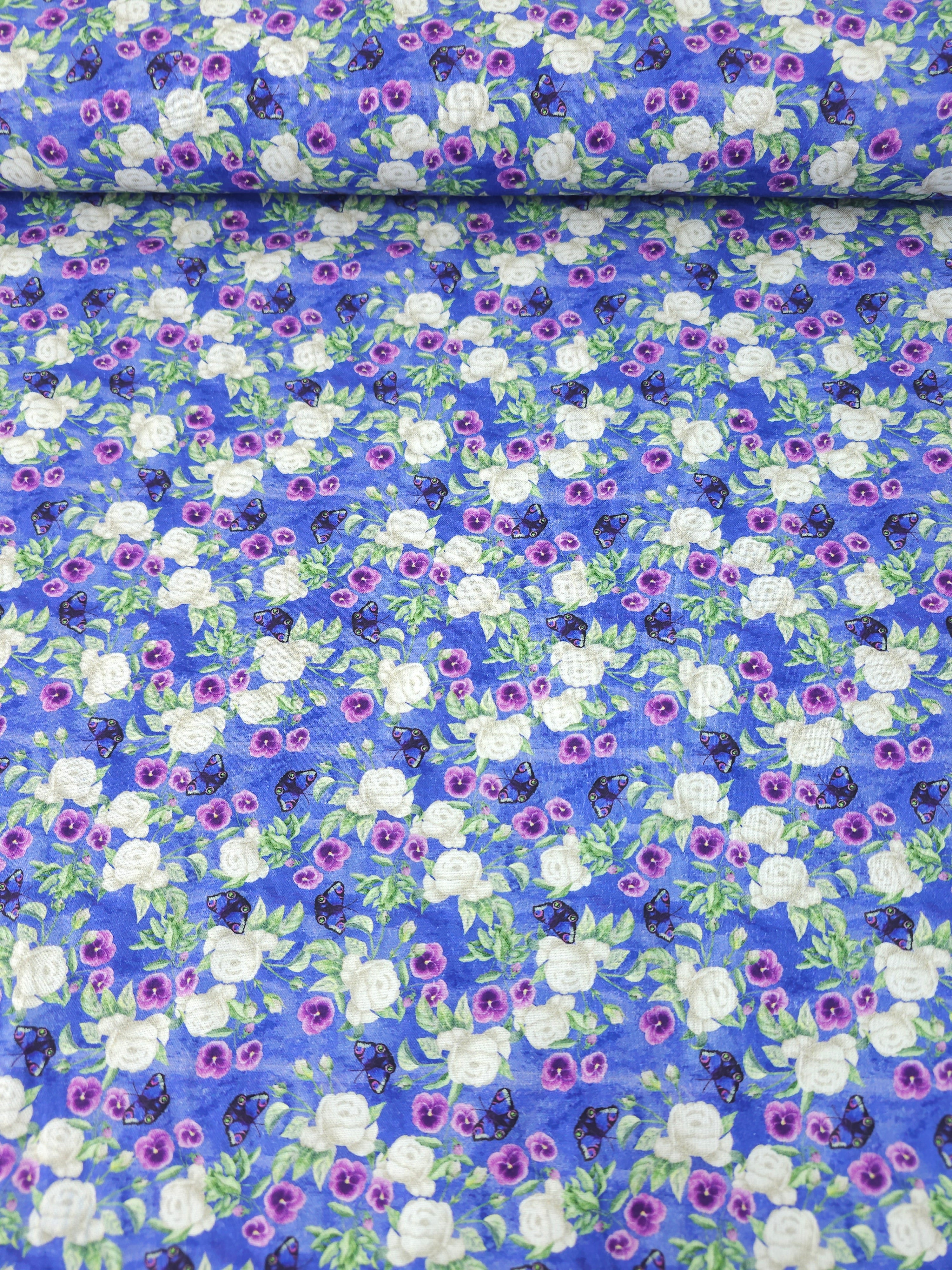 Violet Butterfly Rose Floral 100% Cotton - Sarah Payne