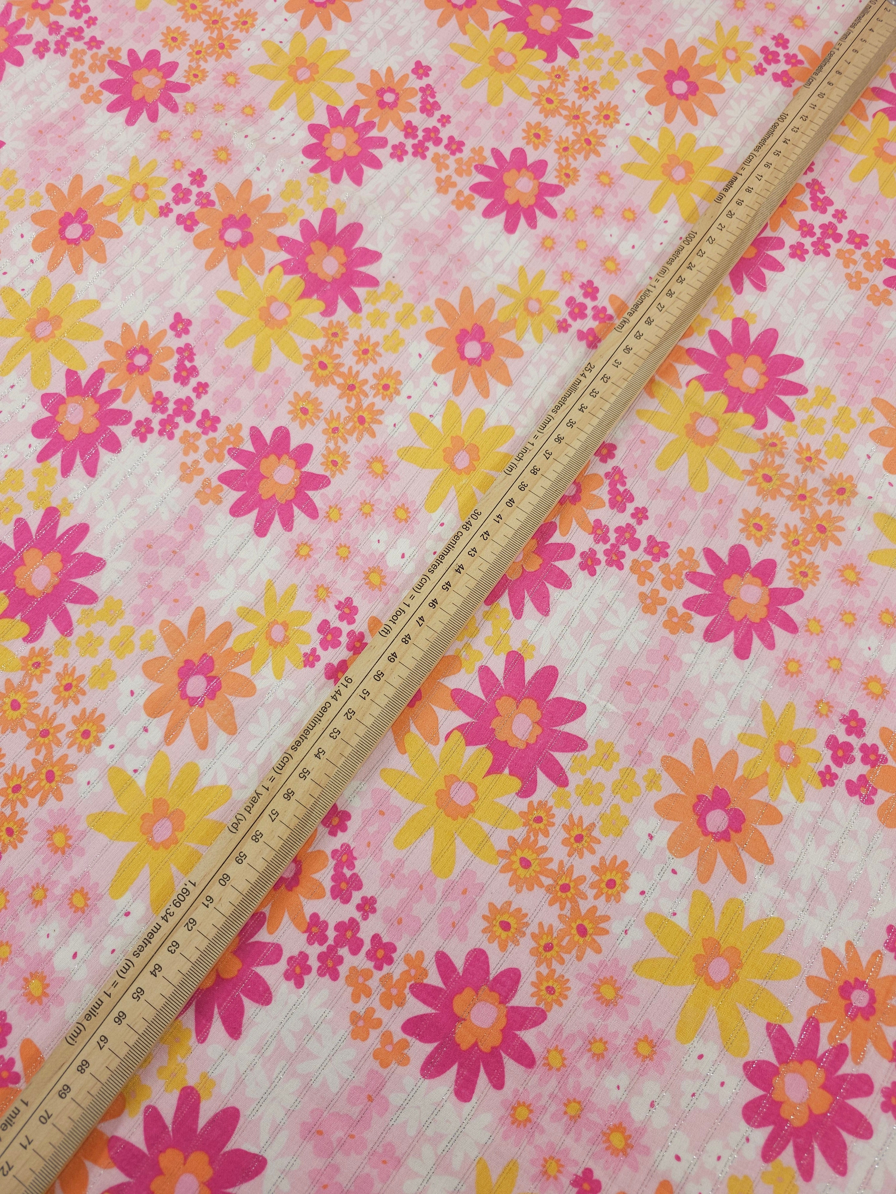 Orange/Pink Floral Silver Lurex Double Gauze