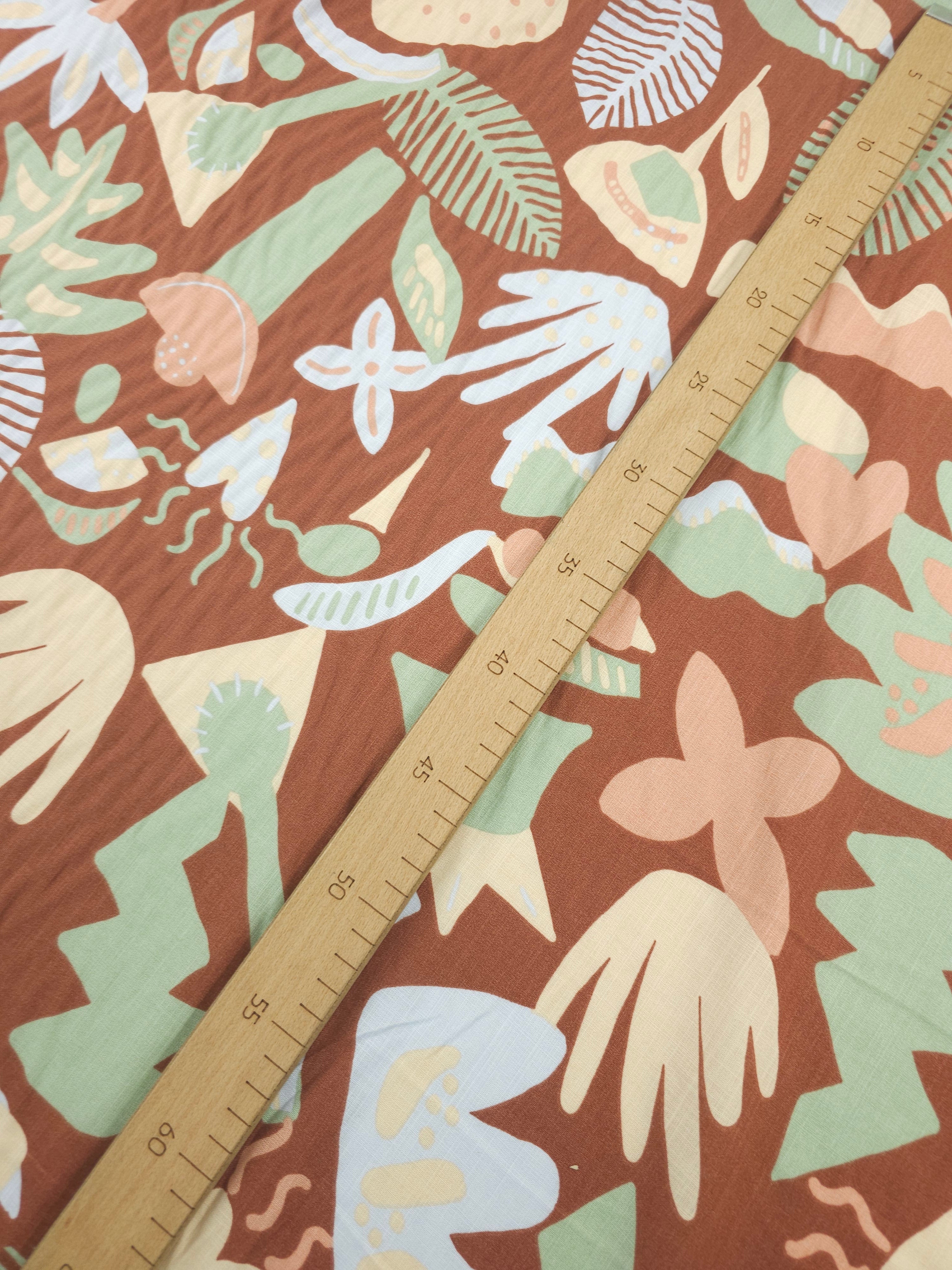 Warm Brown Doodle Palm Leaf Flax Cotton *DEFECT*