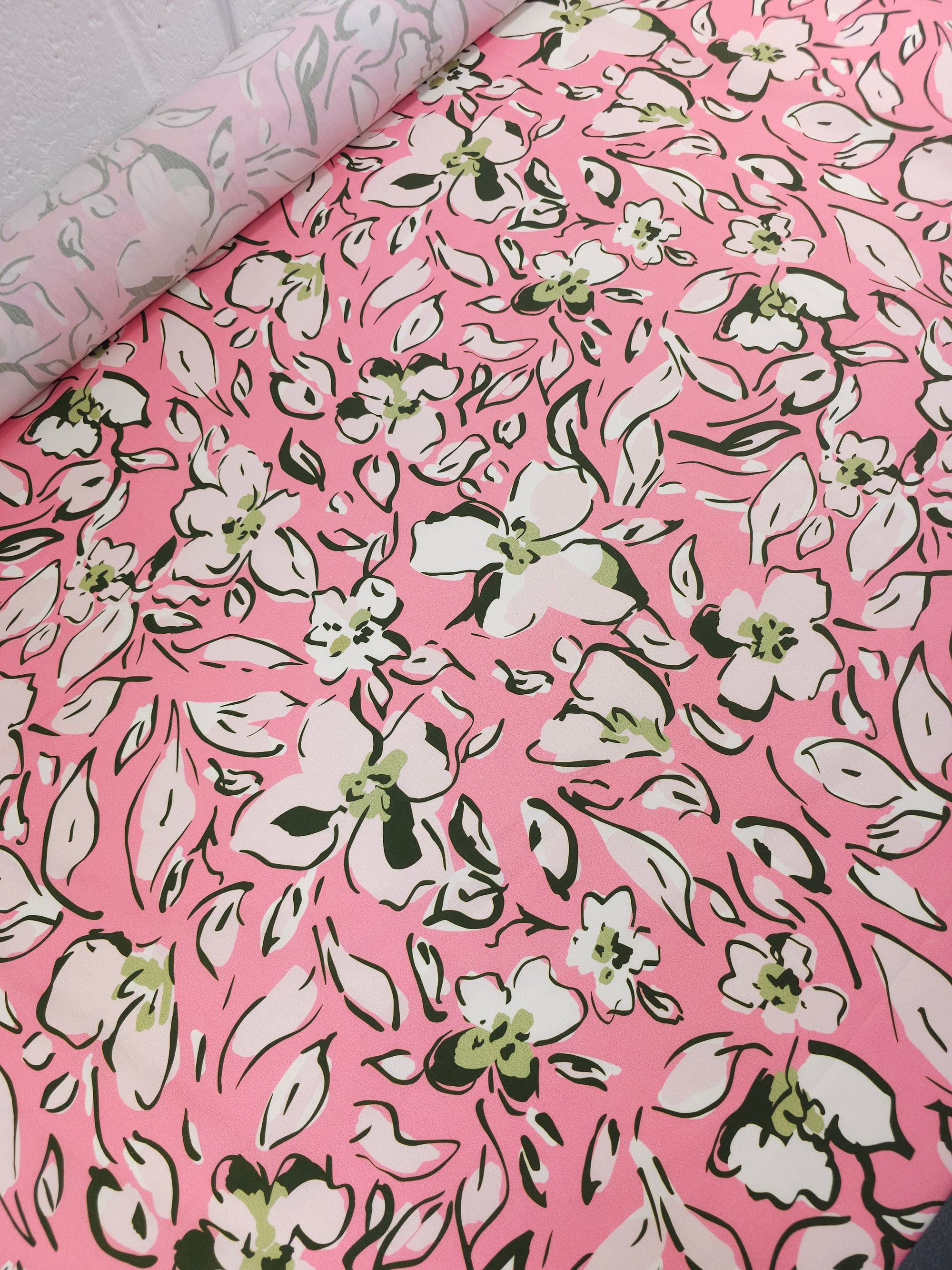 Candy Pink/Green Sketch Floral Cotton Poplin