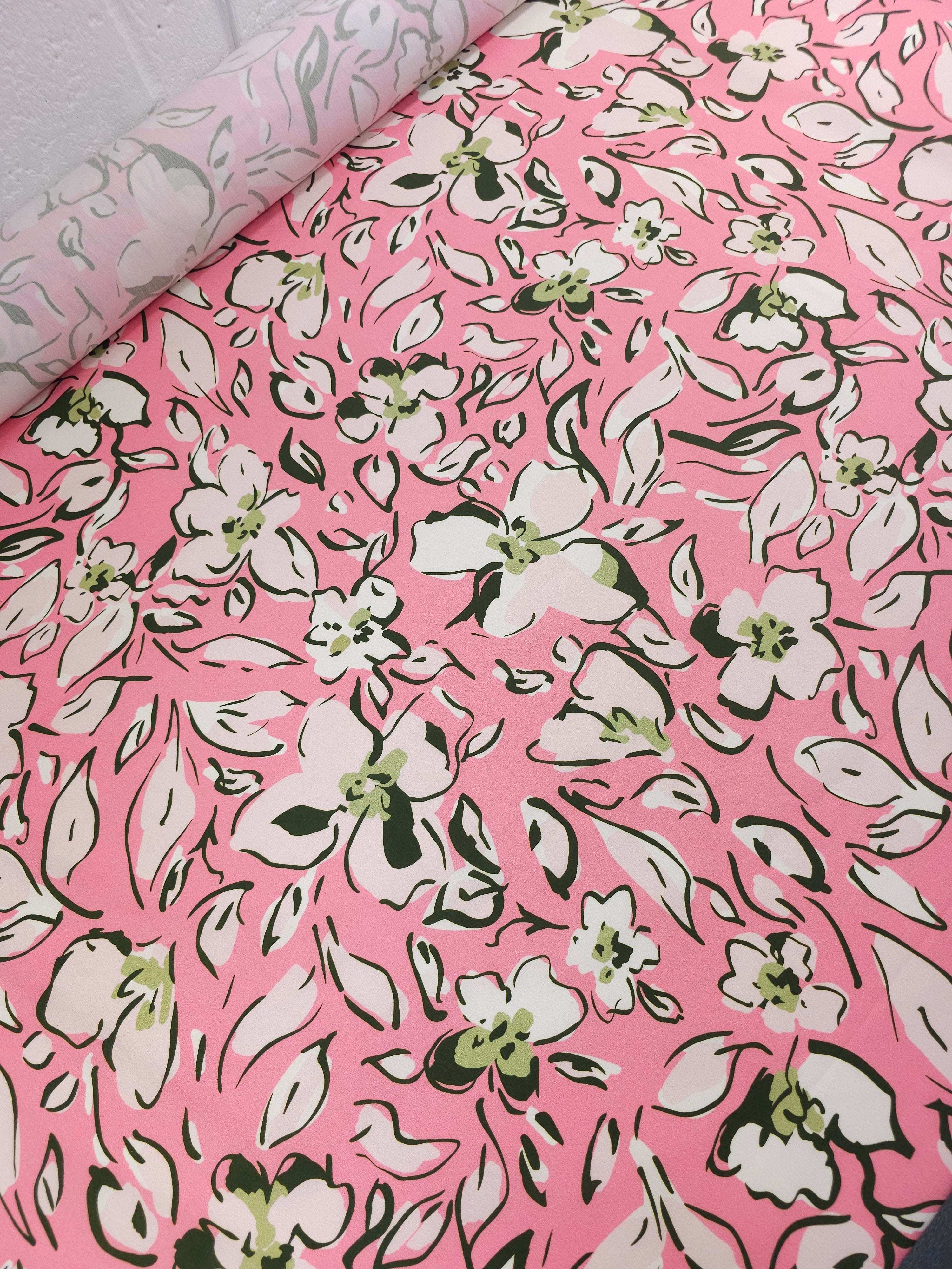 Candy Pink/Green Sketch Floral Cotton Poplin