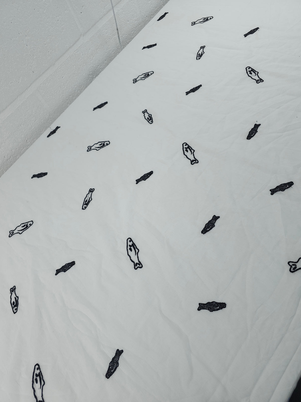 White/Black Embroidered Fish Cotton Voile