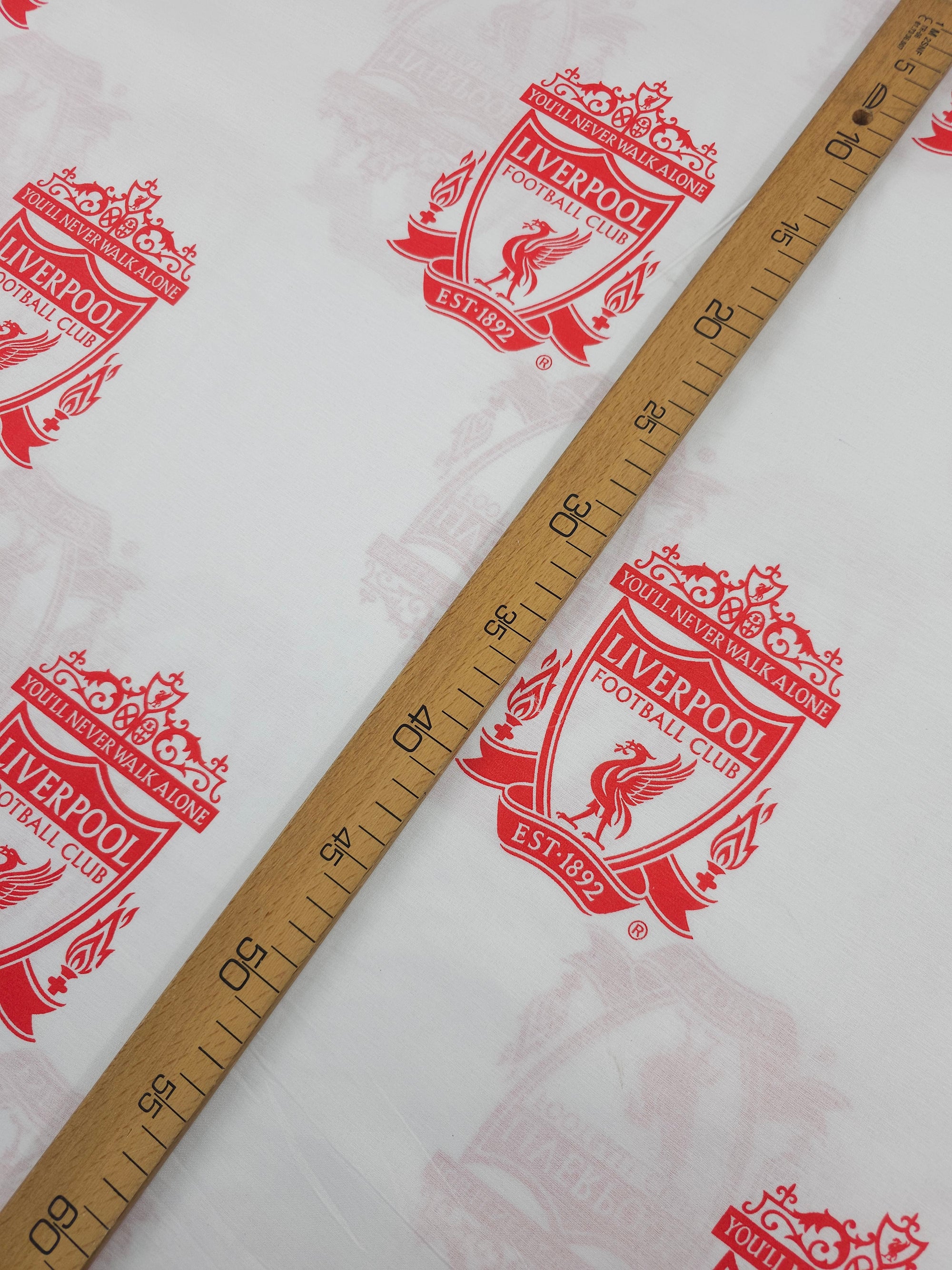 White/Red Liverpool FC Emblem 100% Cotton Football Fabric 106" *EXTRA WIDE*
