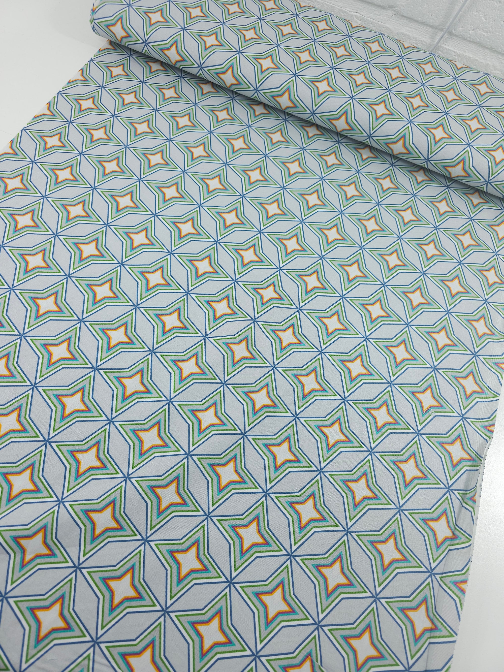 Grey/Mint Geometric Diamond Star 100% Cotton - Benartex