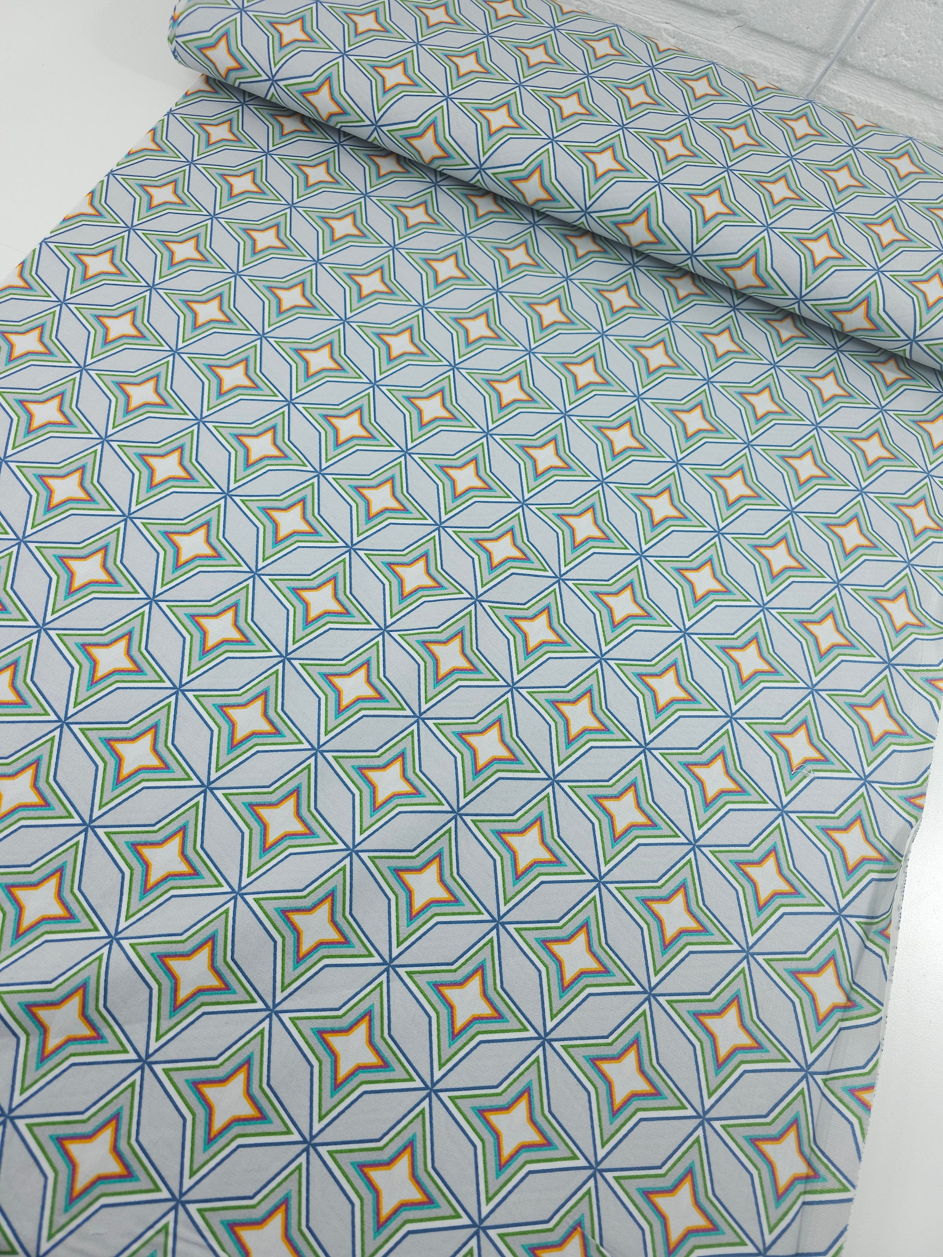 Grey/Mint Geometric Diamond Star 100% Cotton - Benartex