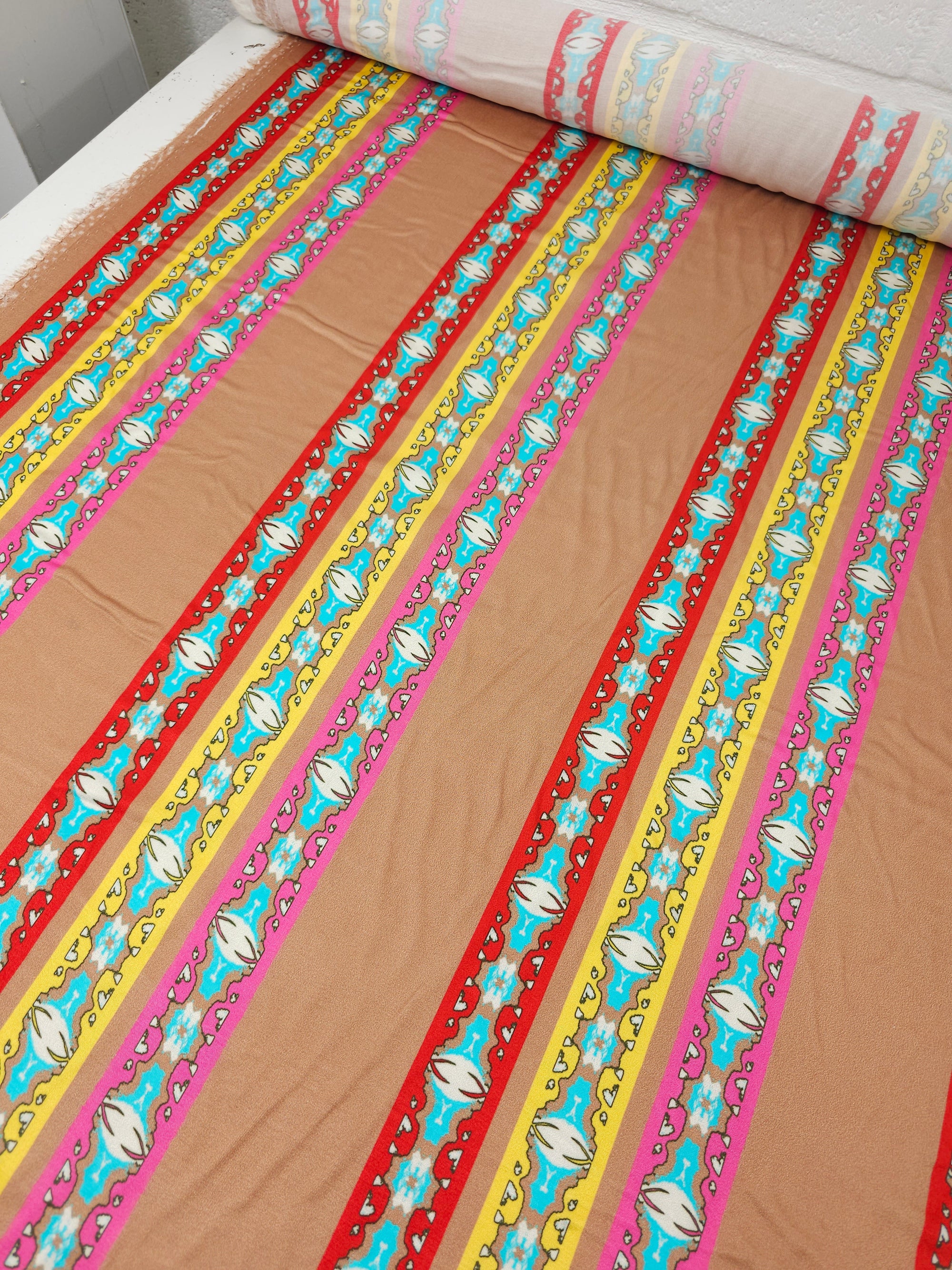 Terracotta Multi Abstract Stripe Viscose Satin