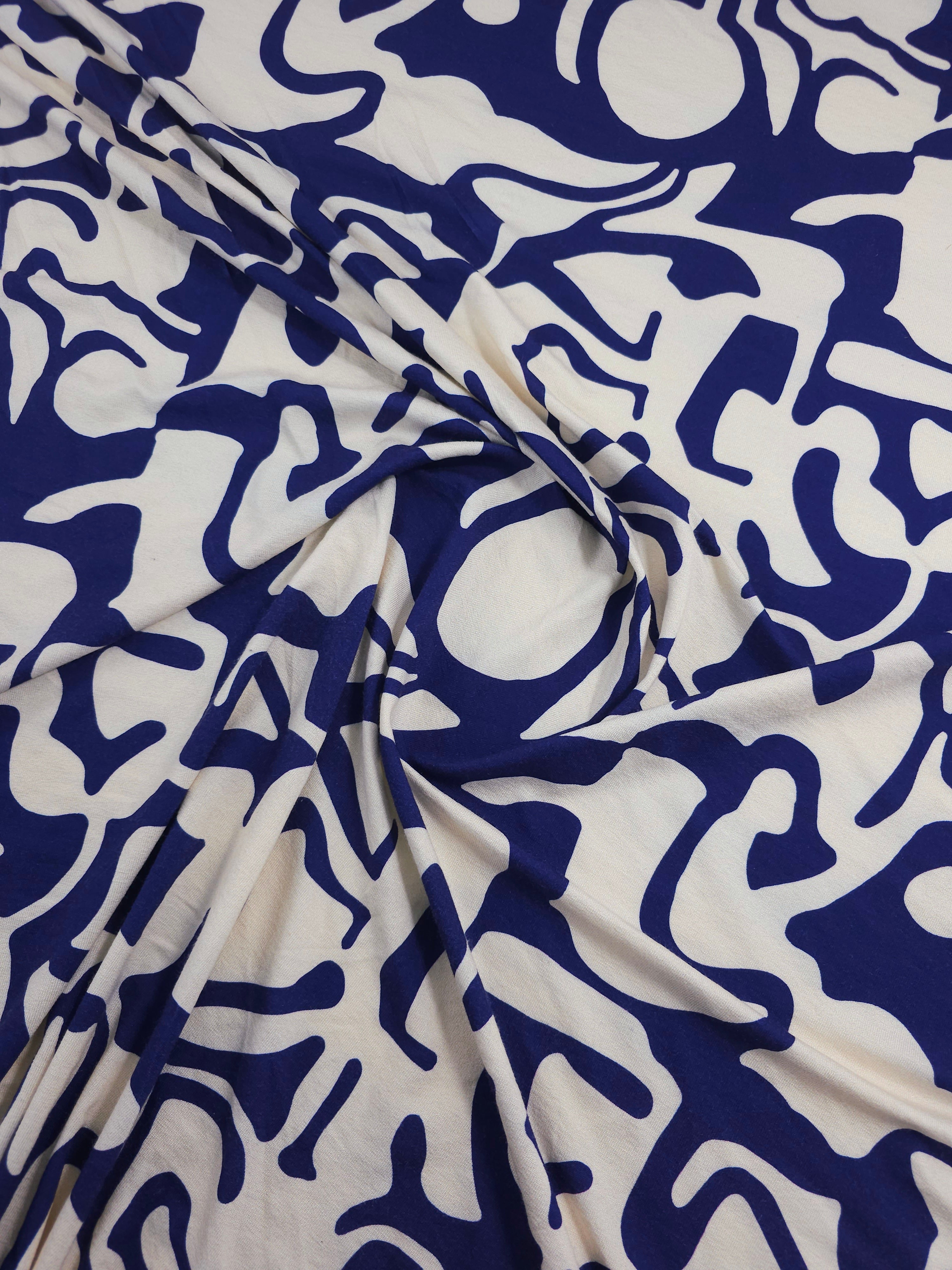 Indigo Blue/Ivory Abstract Doodle Cotton Jersey