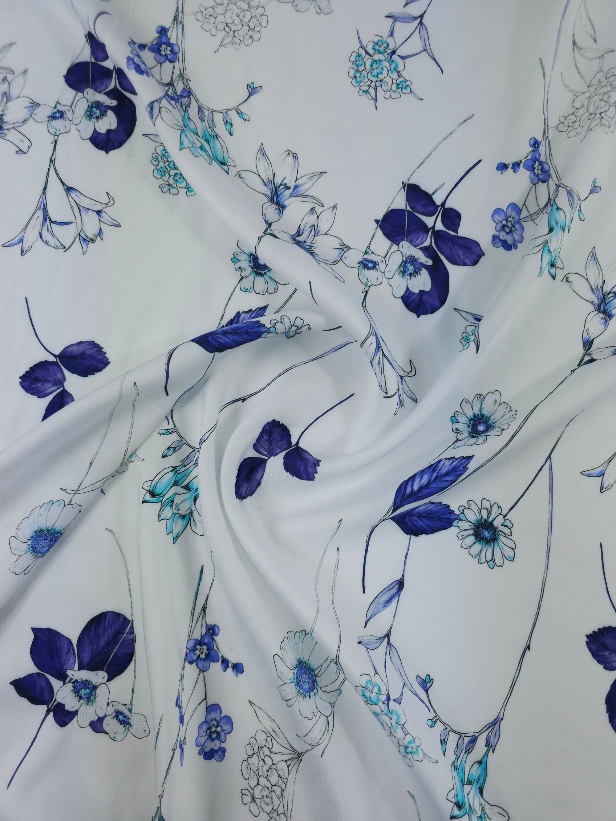 Blue/White Dainty Flower Stem Lightweight Viscose Satin