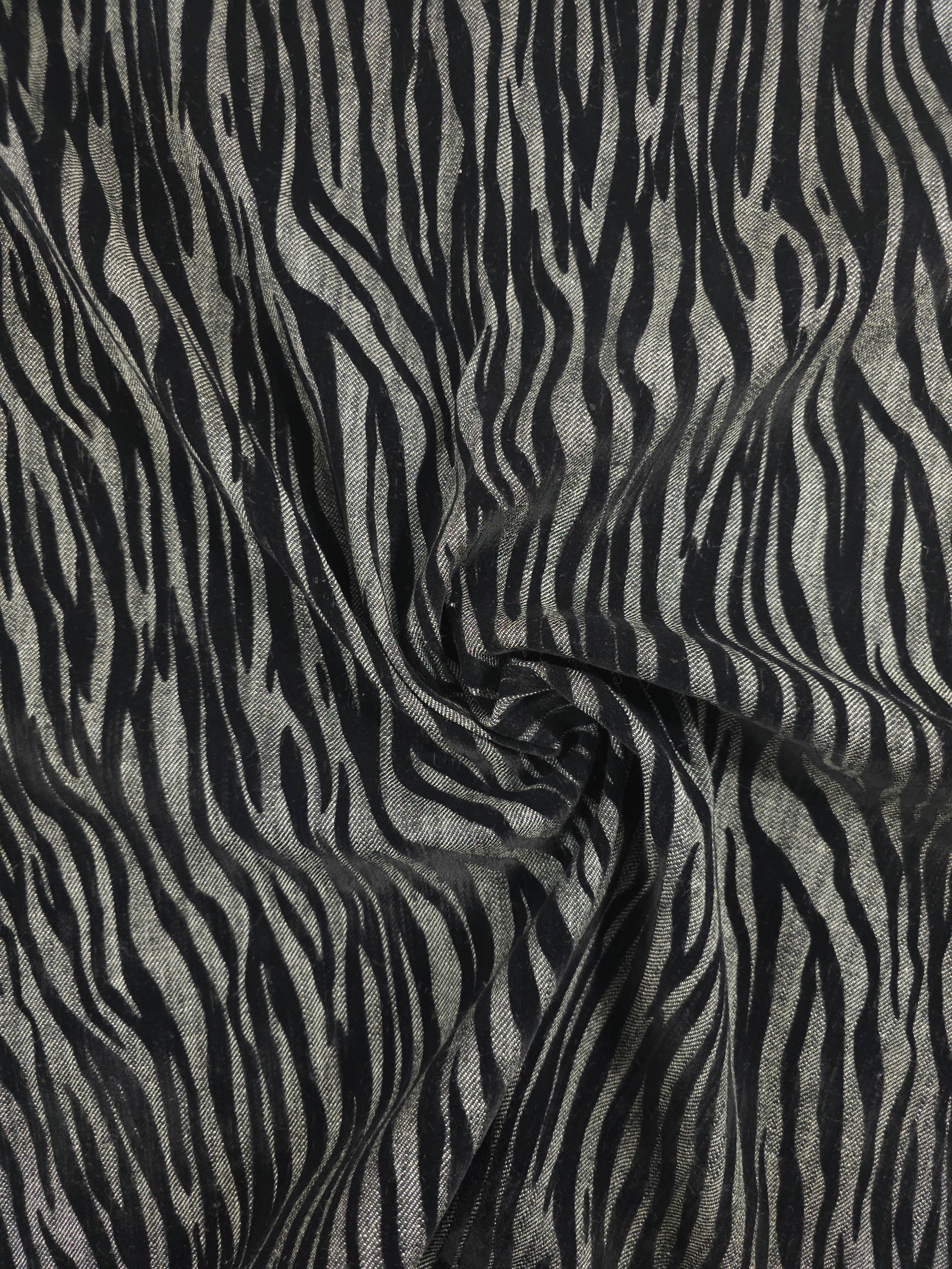 Charcoal Grey Zebra Velvet Burnout Denim