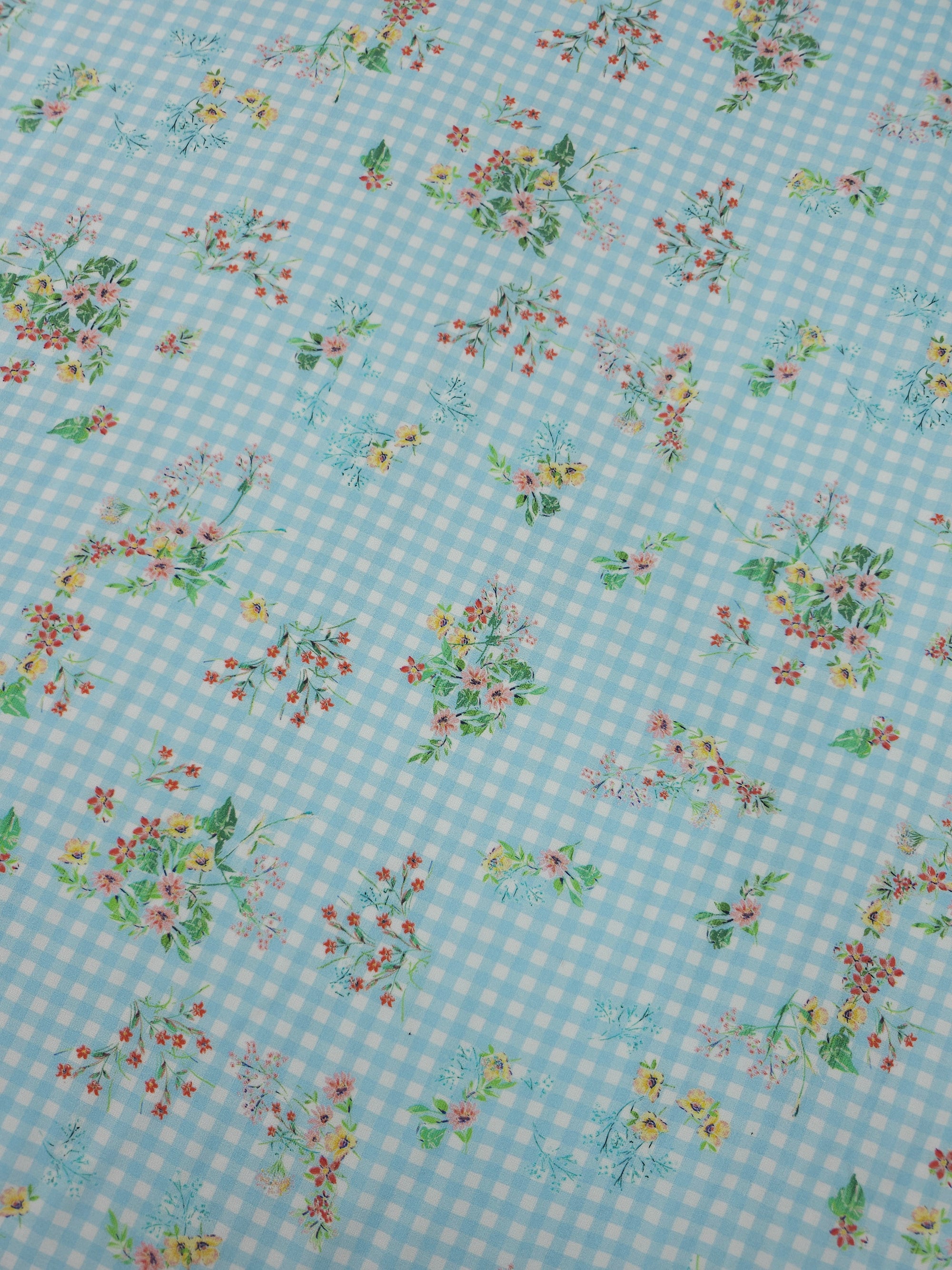 Light Blue Floral Bunch Gingham Viscose Challis