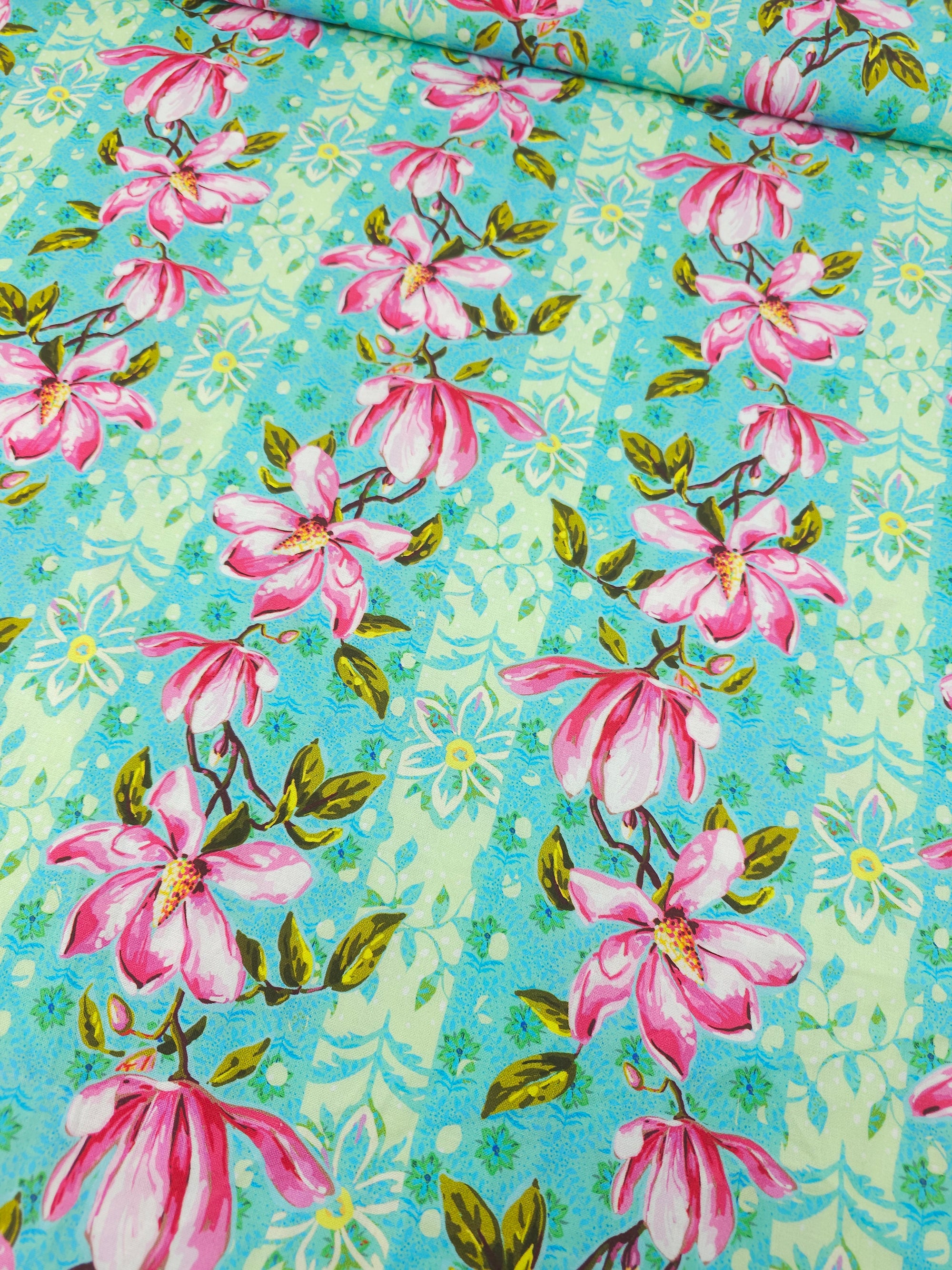 Pink/Turquoise Wildflower Vine 100% Cotton