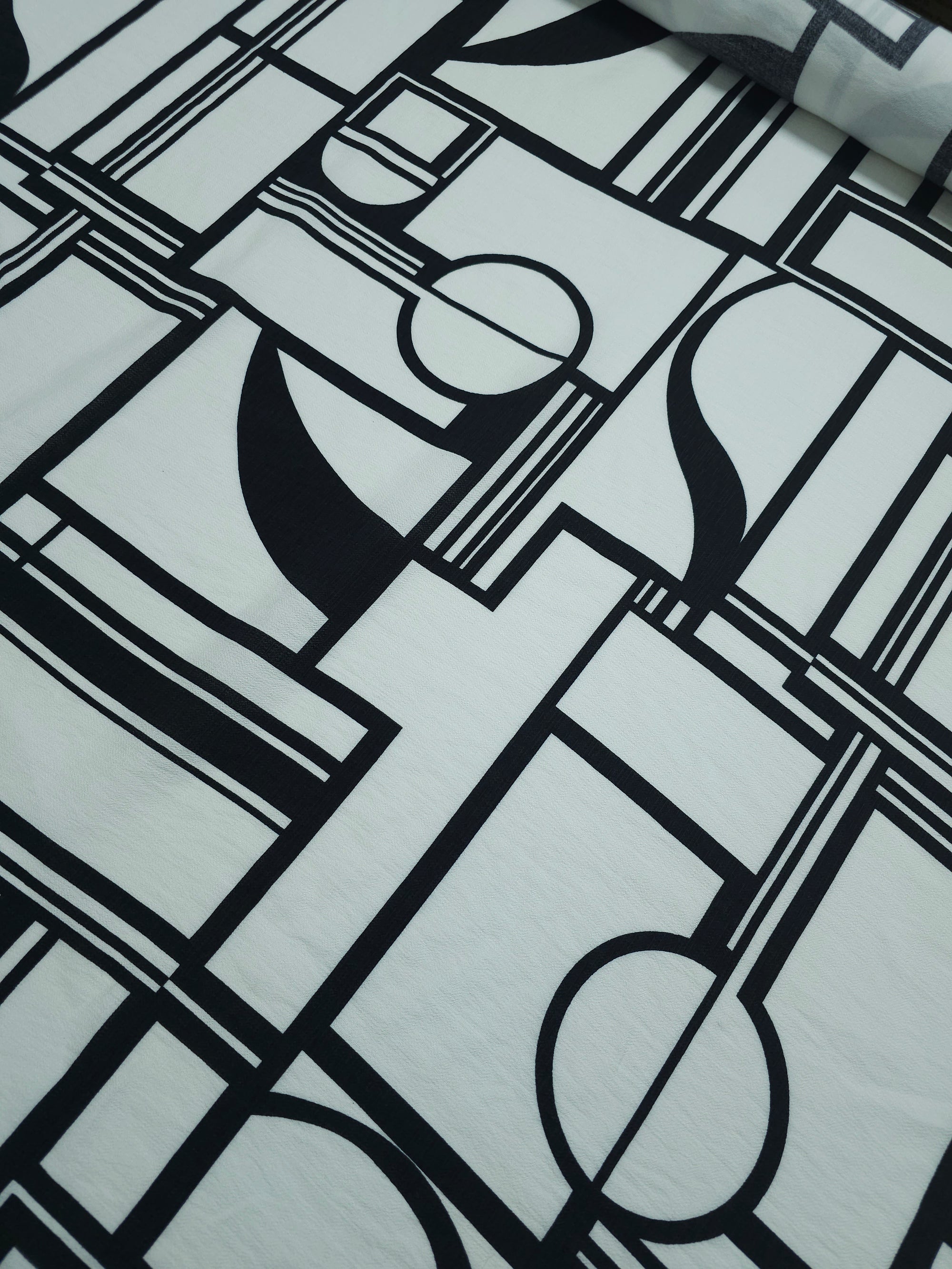Off-White/Black Geometric Viscose Crepe
