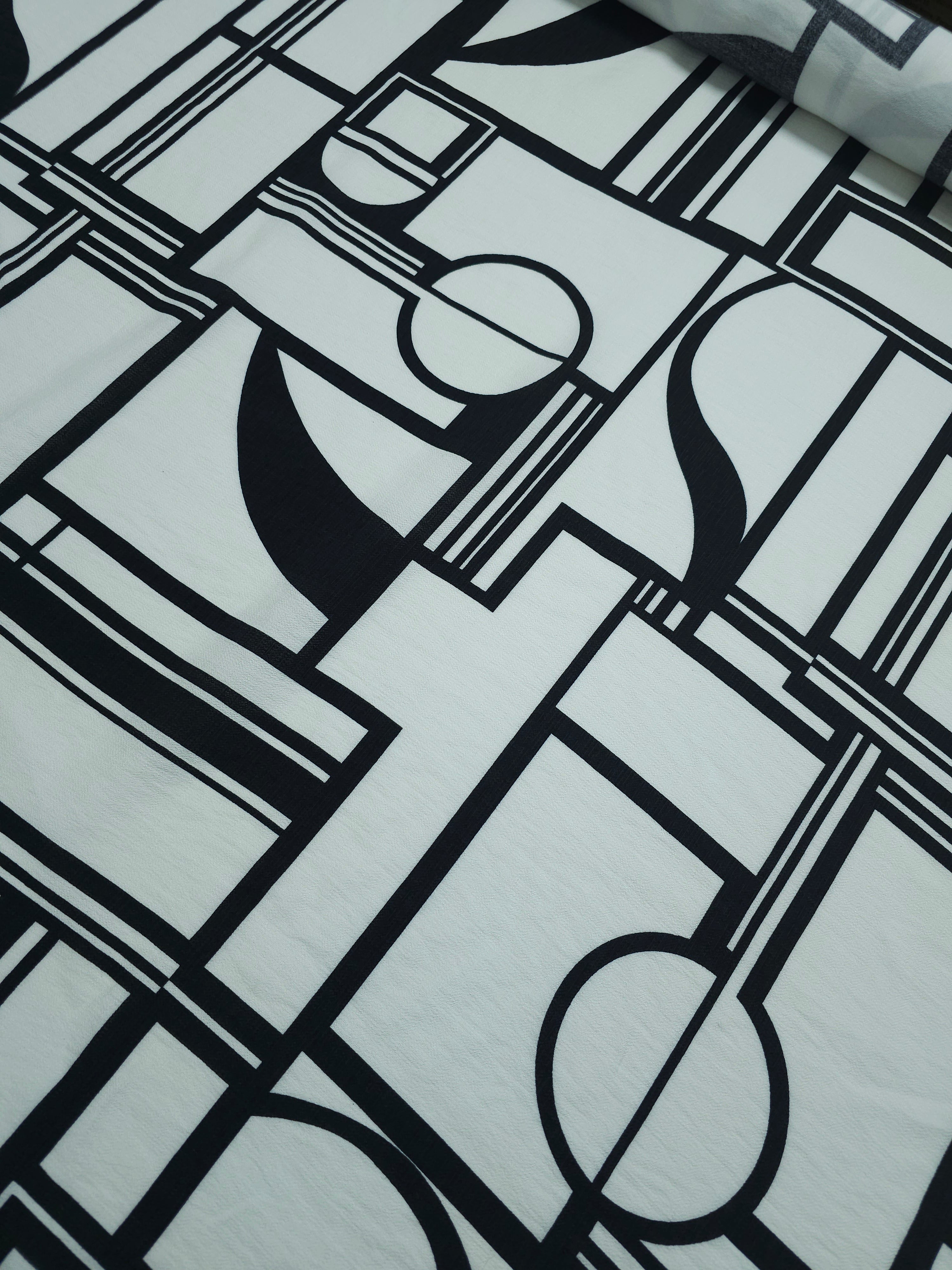 Off-White/Black Geometric Viscose Crepe