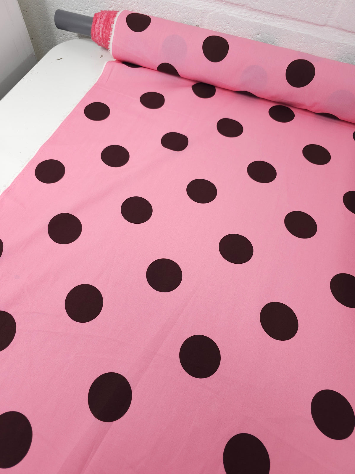 Pink/Dark Brown Big Polka Spot Fine Cotton Poplin