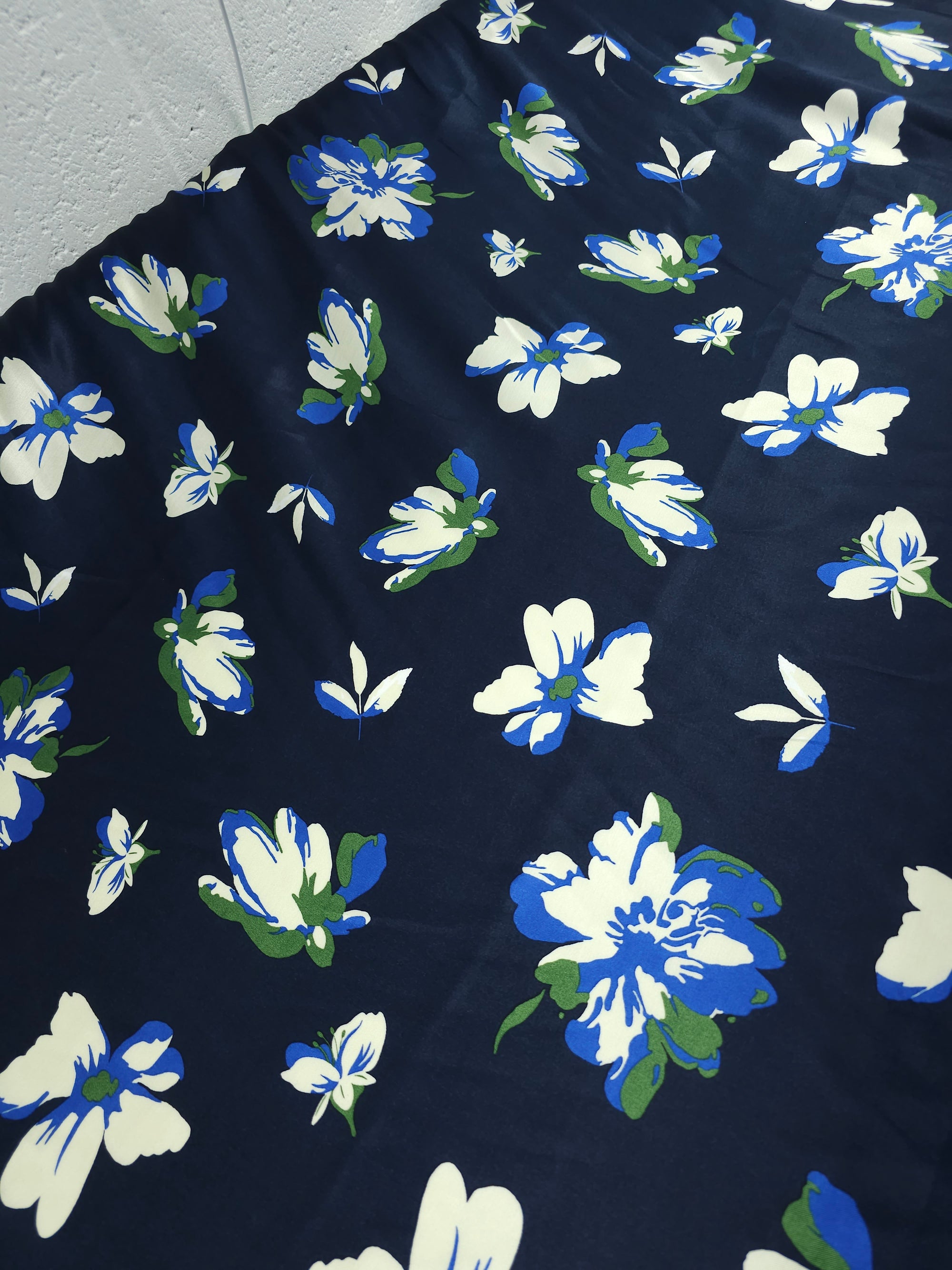 Navy Watercolour Flower Viscose Satin