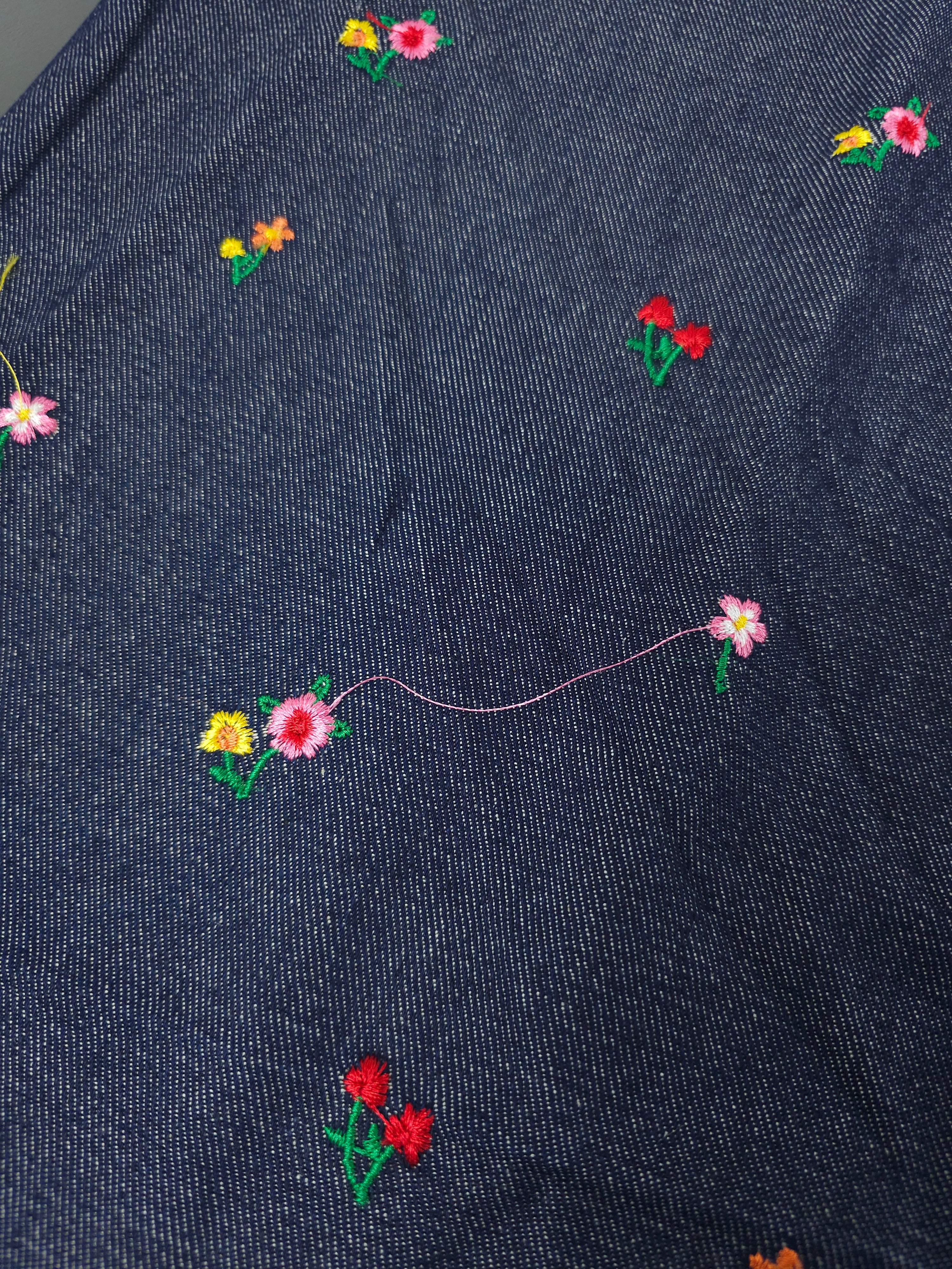 Navy Embroidered Flower Denim