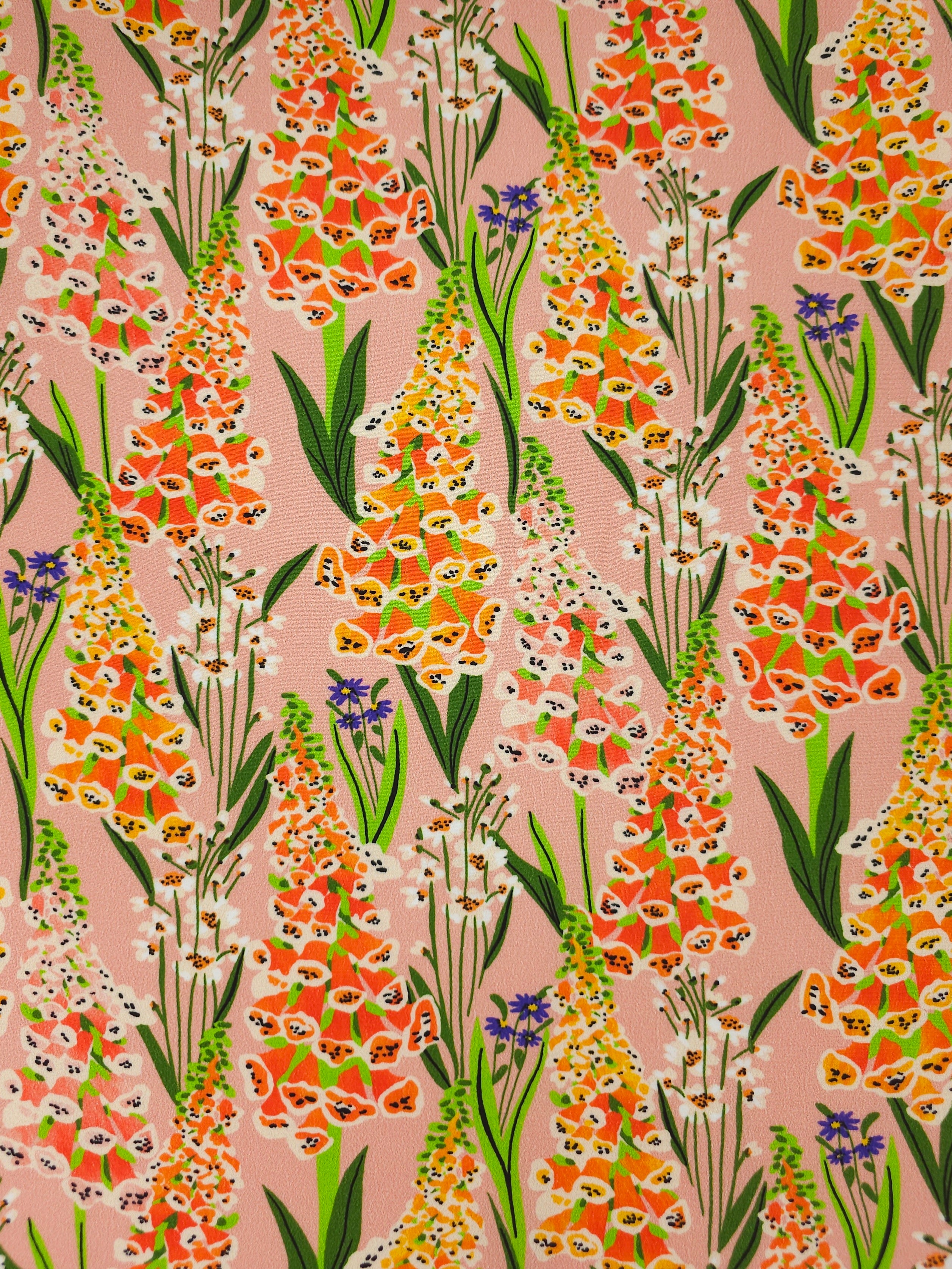 Peach/Orange Foxglove Floral Viscose Crepe